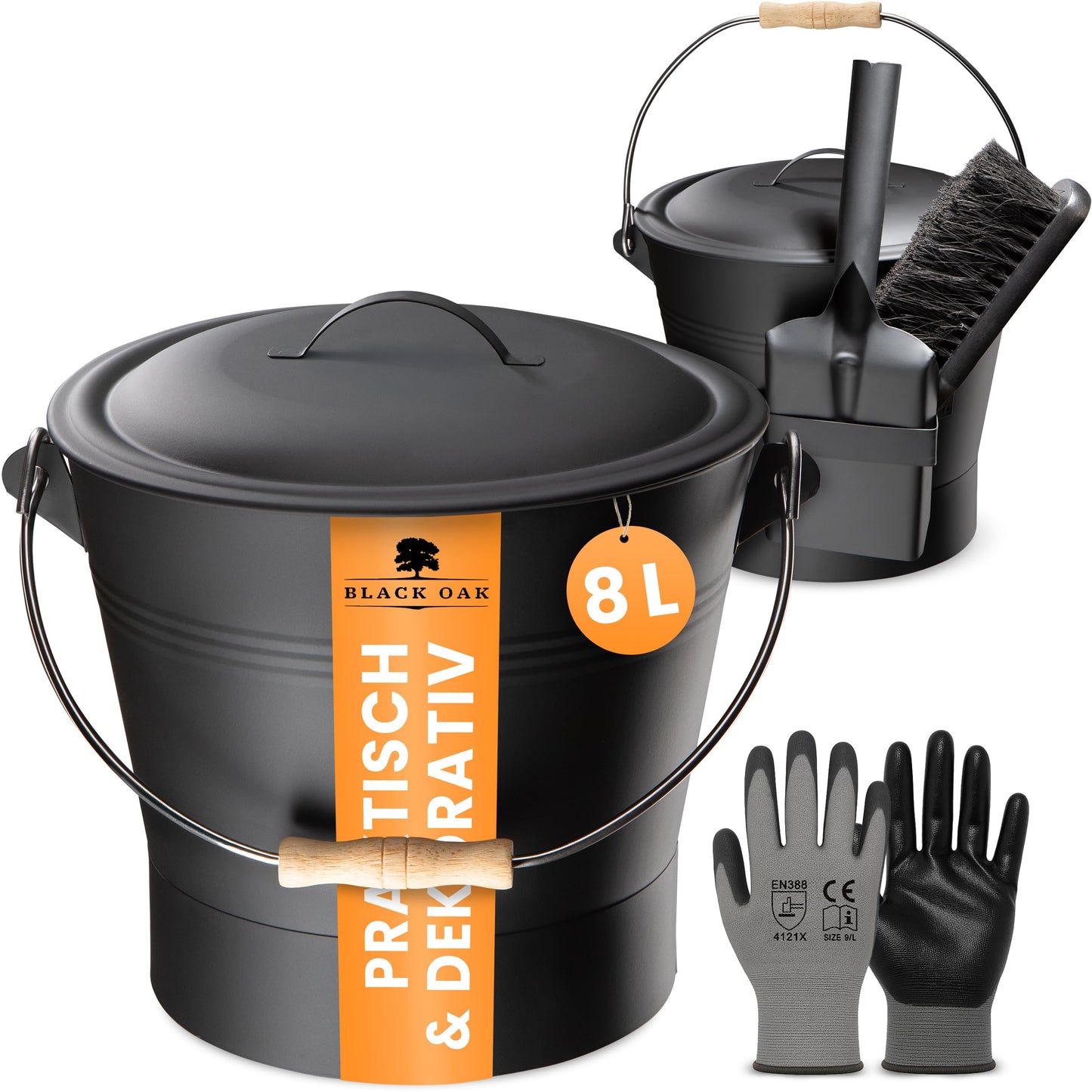 Ascheeimer Set Lanin mit Zubehör, Lanin 8L HELL Eimer + Kehrset