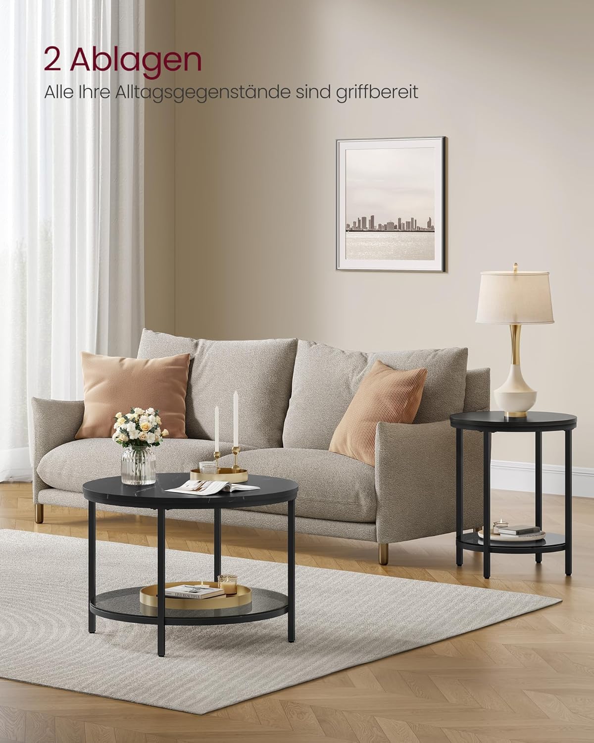 Moderner Couchtisch mit Glasplatte und Stauraum, 65d cm Marmorschwarz + Tintenschwarz