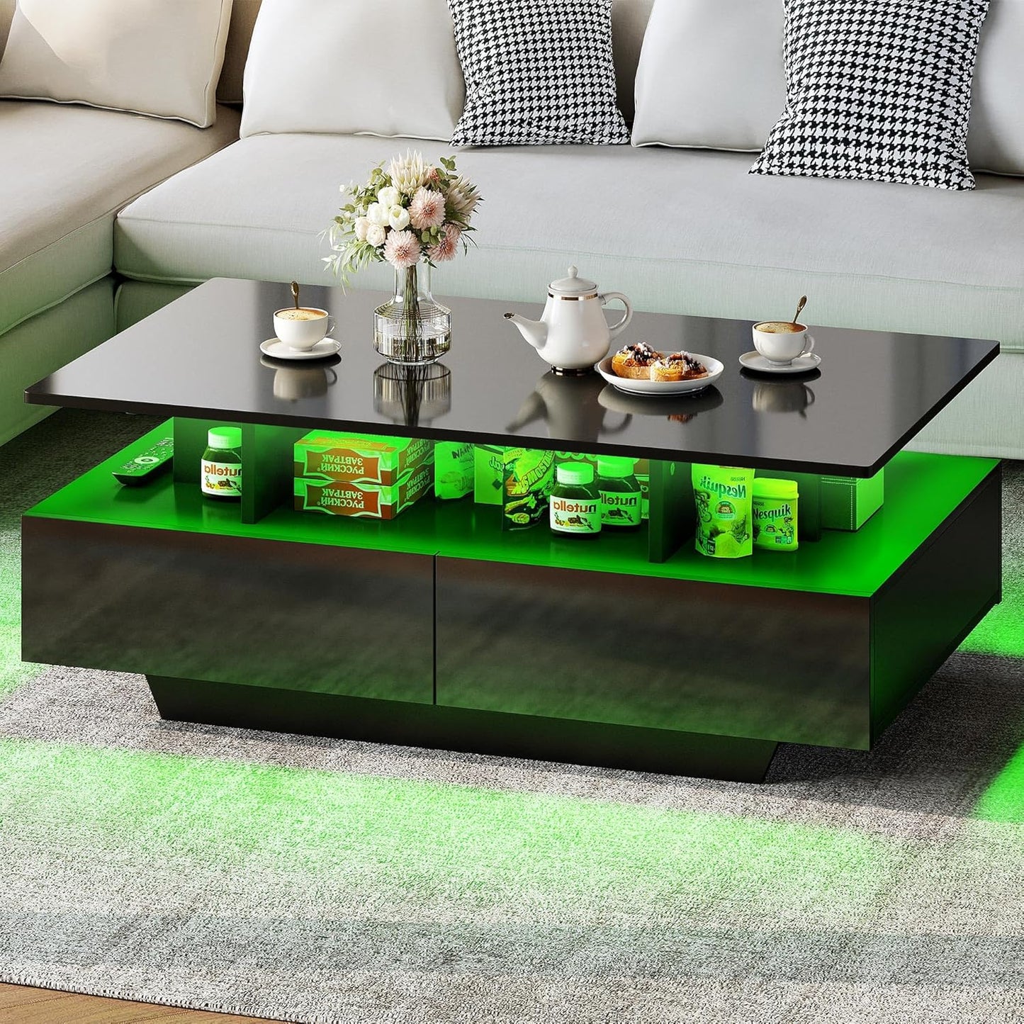 Moderner Couchtisch mit LED-Beleuchtung und Schubladen, Schwarz
