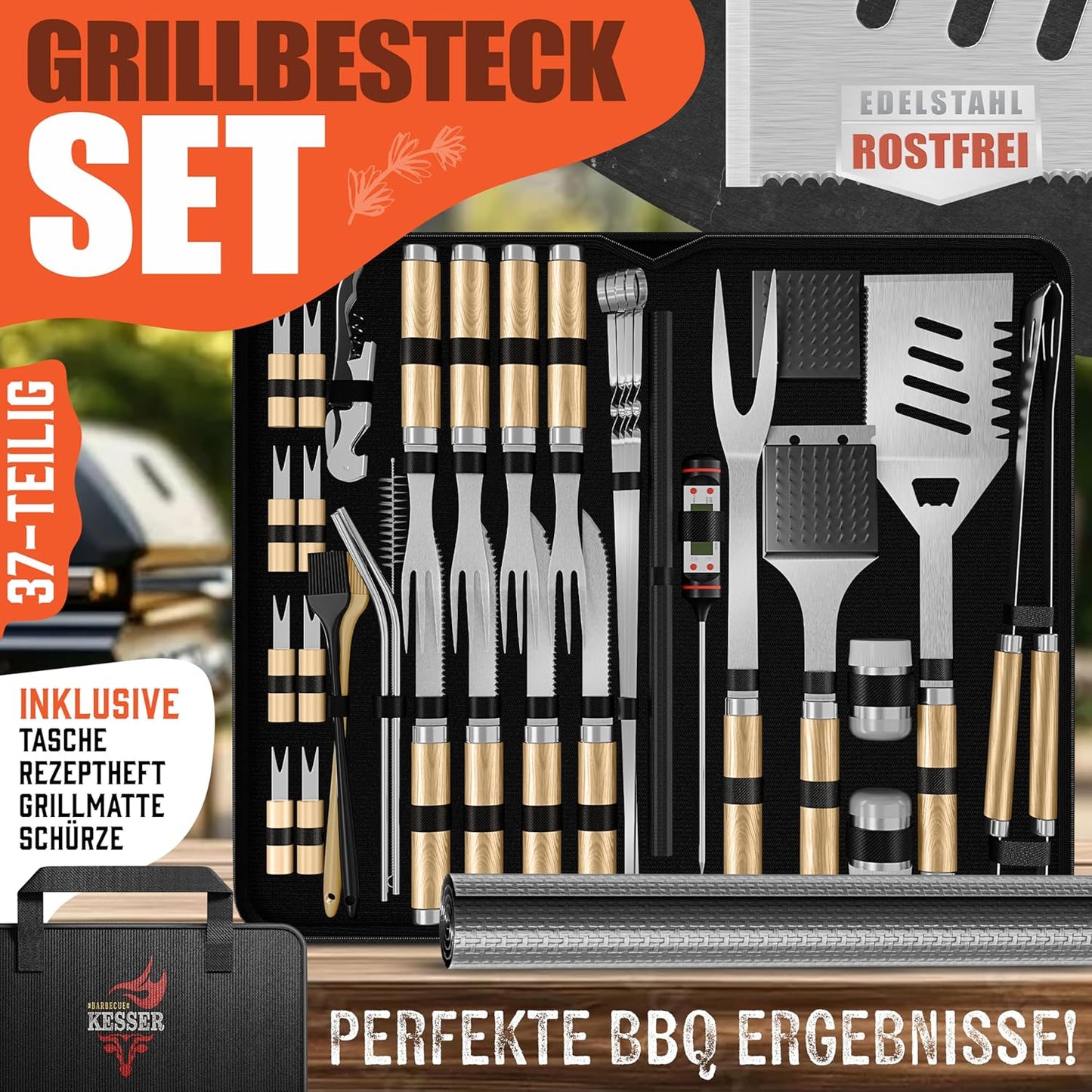 37-teiliges Grillbesteck Set, Beige
