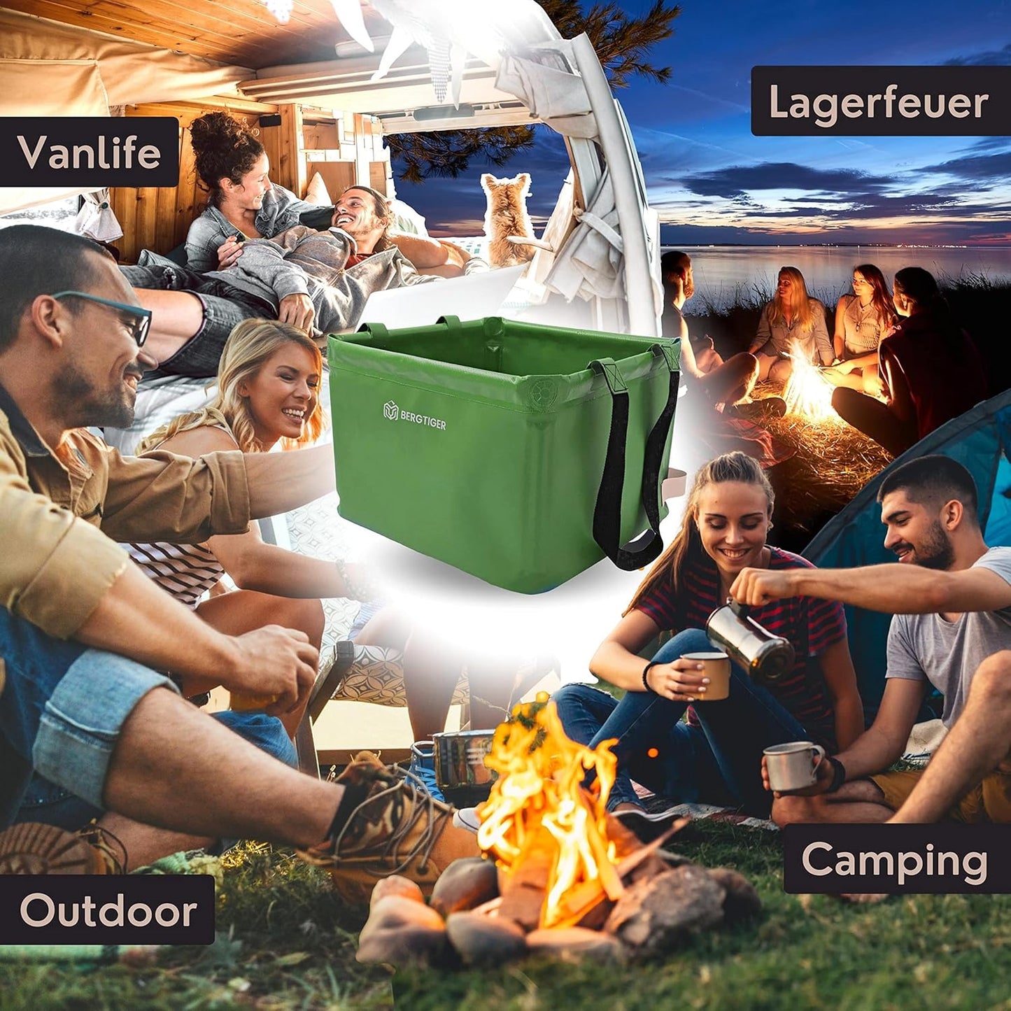 Faltbare Camping-Spülschüssel mit Griff, Olivegrün / Khaki - 22 Liter
