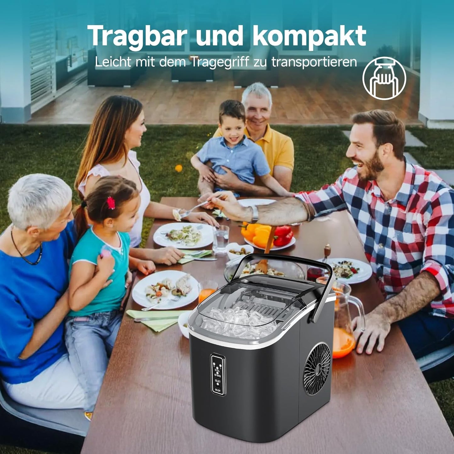 Tragbare Eiswürfelmaschine, 12 kg/Tag, selbstreinigend, Schwarz-1.2L