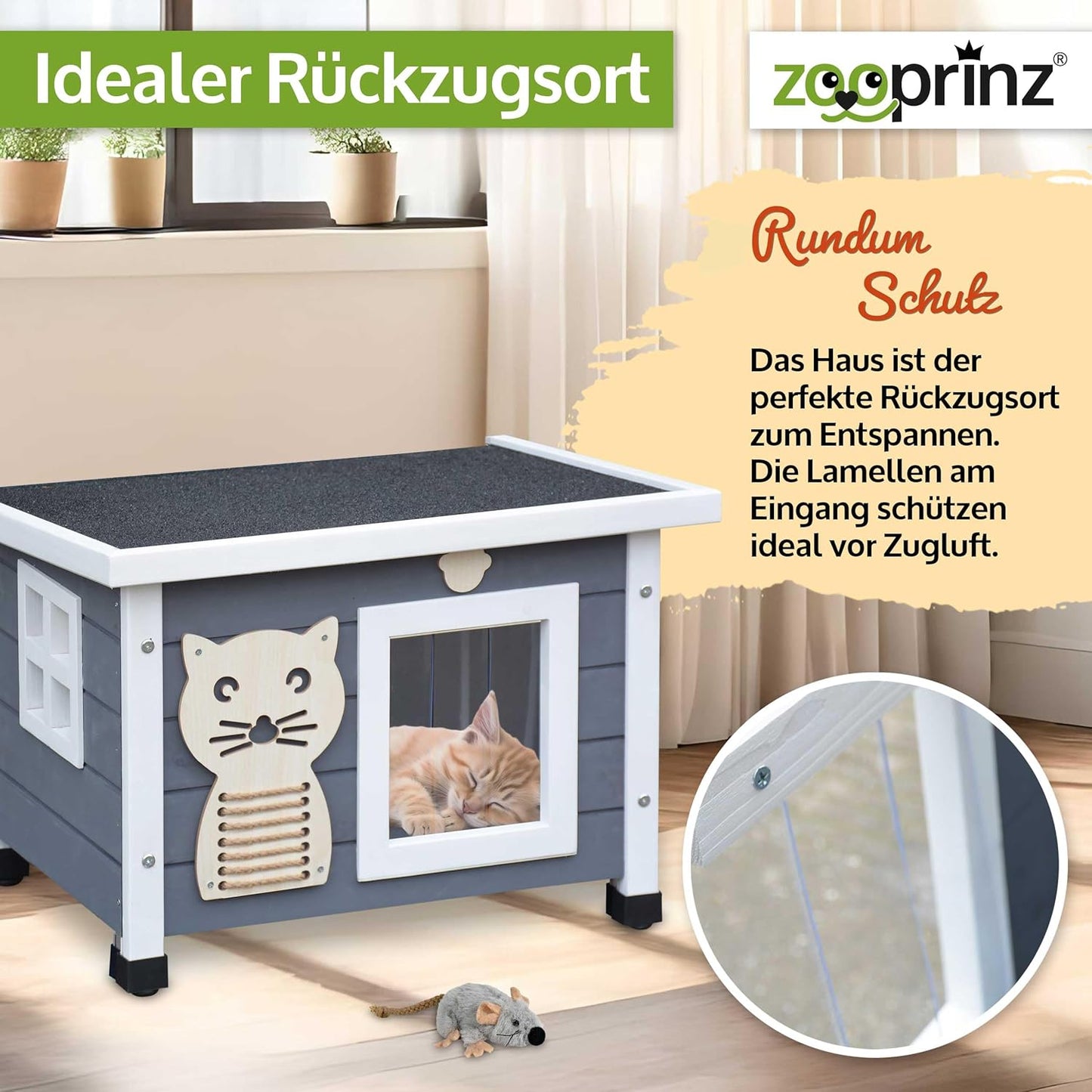Katzenhaus mit Schwingtür und Fenster, Grau-Weiß Standard