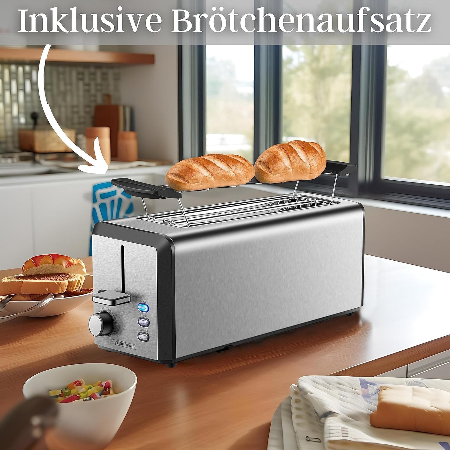 Langschlitz-Toaster für 4 Scheiben mit LED-Display