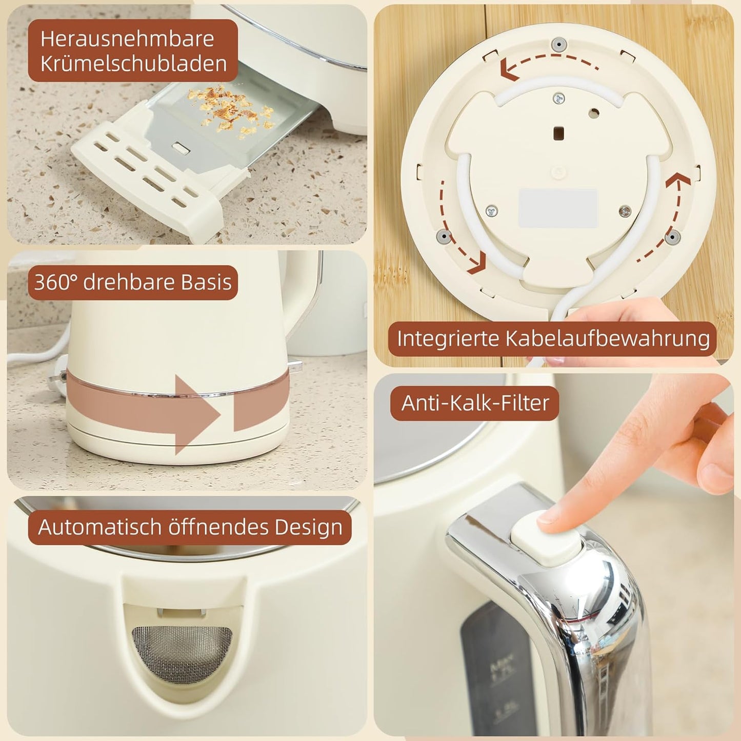 Wasserkocher Toaster Frühstücks-Set mit Kalkfilter, Beige