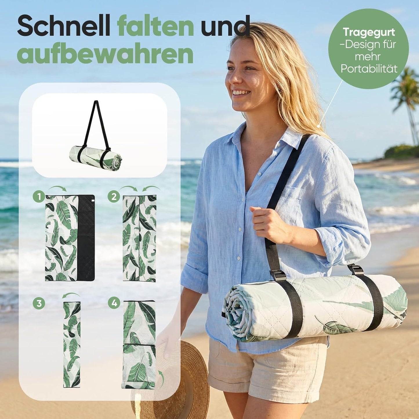 Wasserdichte Picknickdecke, 150x200 cm, 150x200 cm Grün - Tropische Blätter