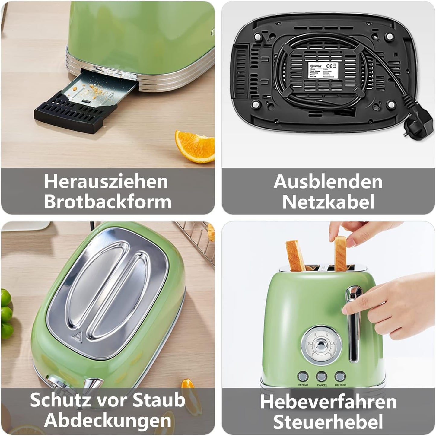 Toaster mit Brötchenaufsatz und Timer-Anzeige, Grün