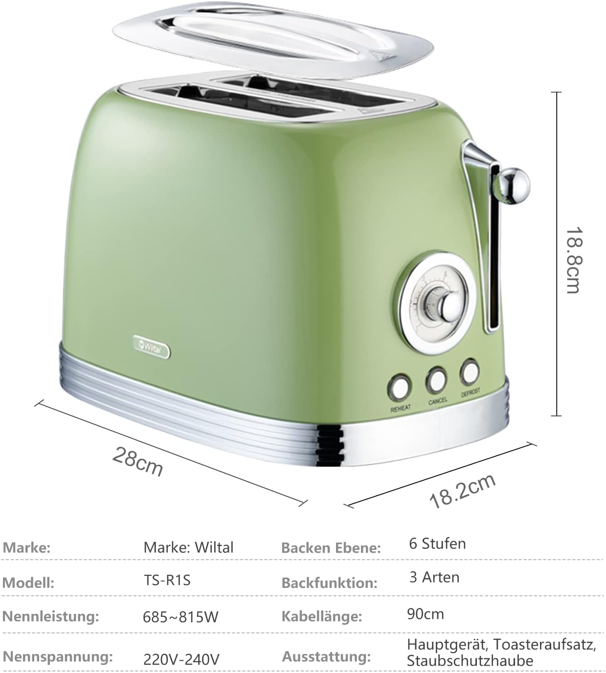 Toaster mit Brötchenaufsatz und Timer-Anzeige, Grün