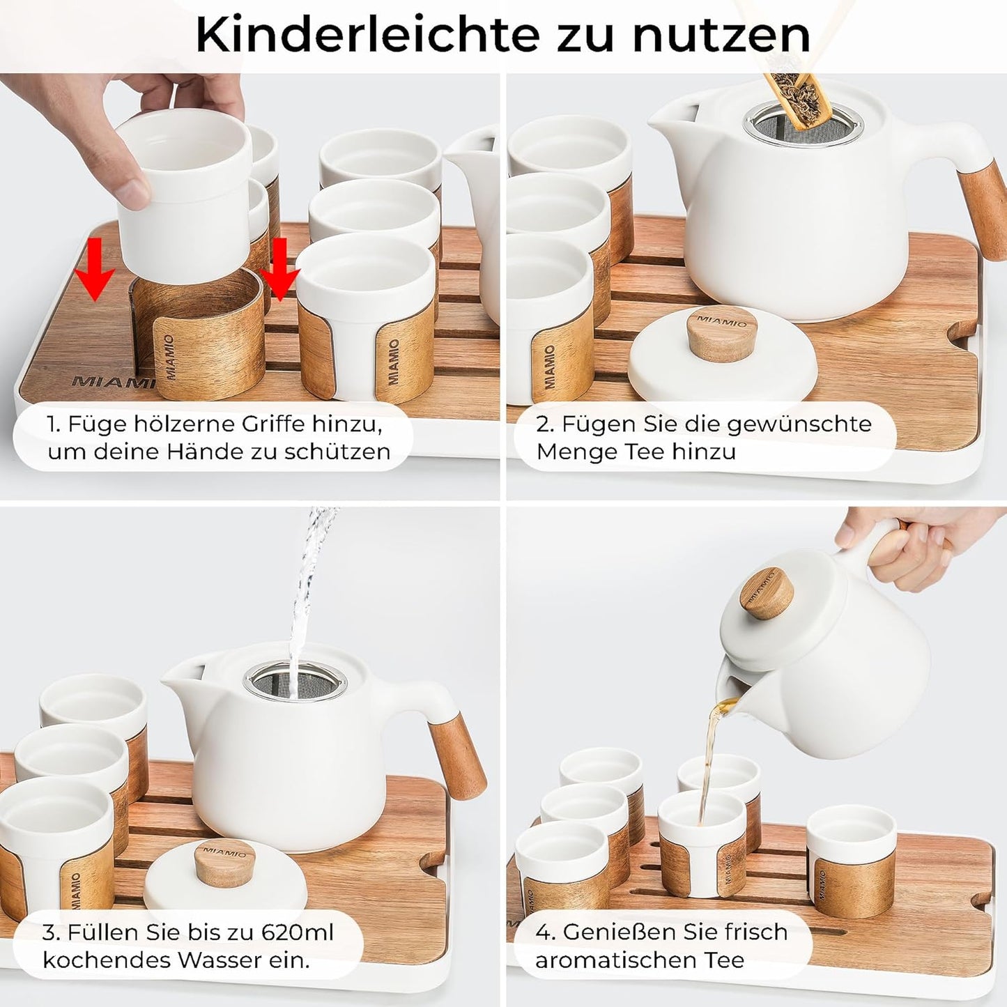Japanisches Teekannen-Set mit Tassen und Teesieb, Weiß