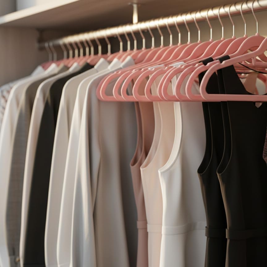 Samt-Kleiderbügel Set mit rutschfesten Hosenbügeln (50 Stück), Hellrosa 50