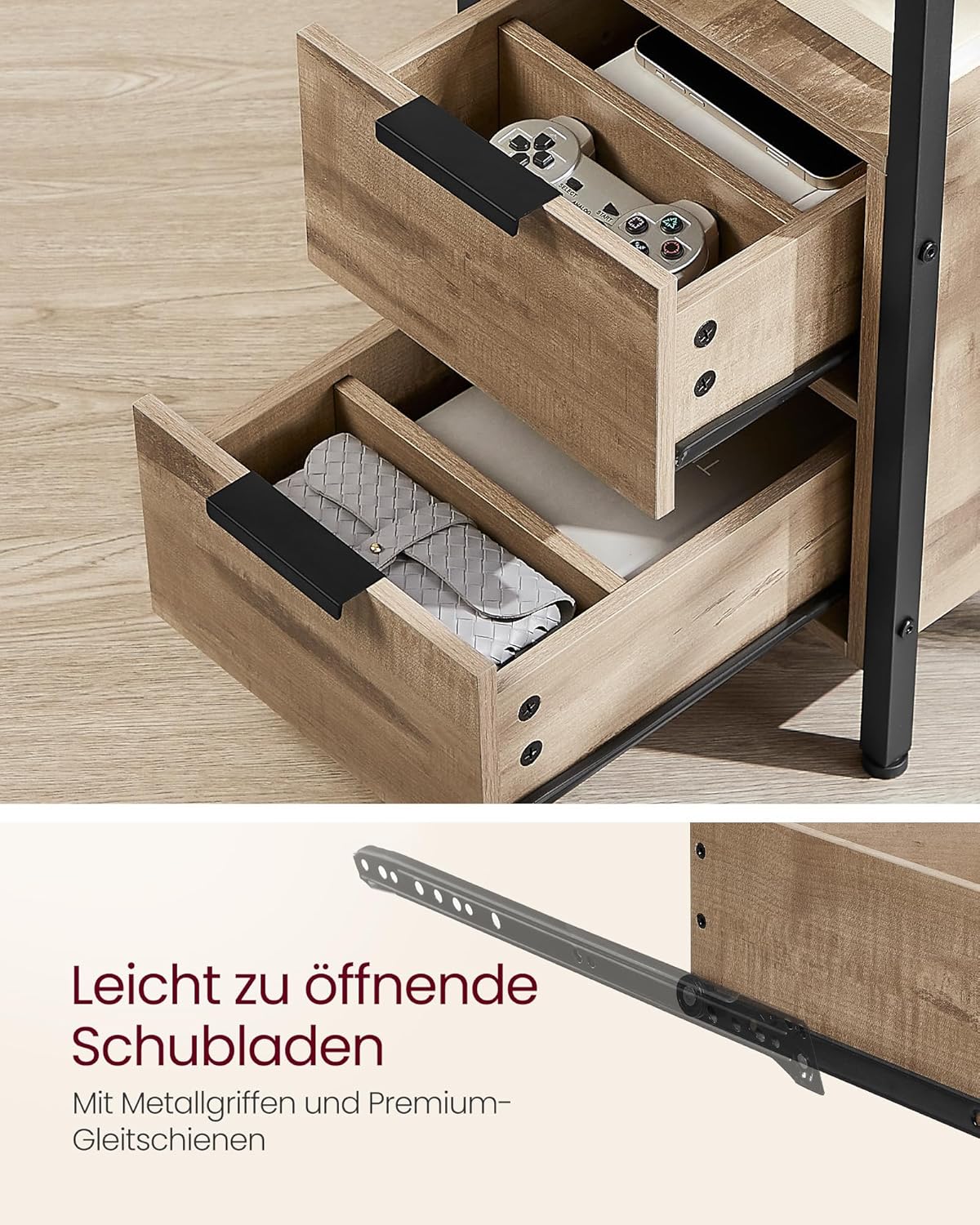 Beistelltisch LET325K01 mit Steckdosenleiste, 1 Kamelbraun + Tintenschwarz