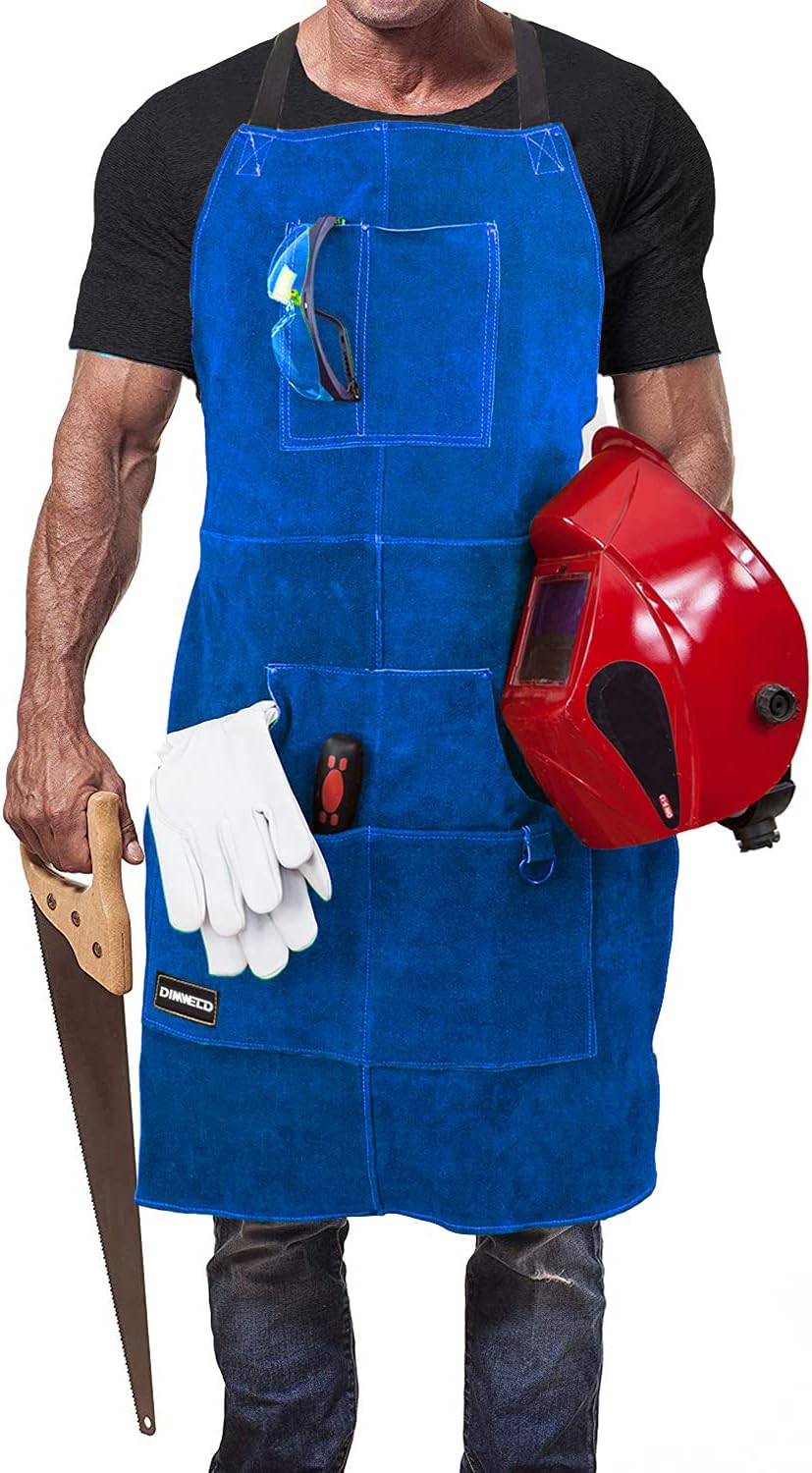 Schweisserschürze aus Leder mit Werkzeugtaschen, Blau