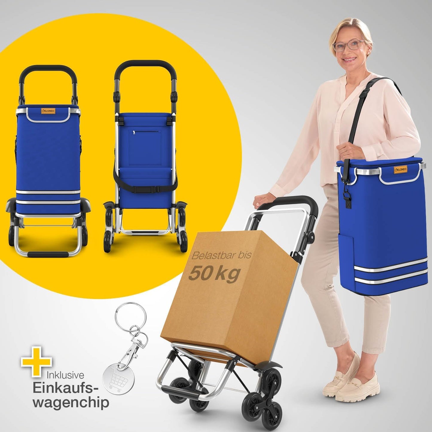 Einkaufstrolley Treppensteiger mit Kühlfach, Treppensteiger-Trolley Blau