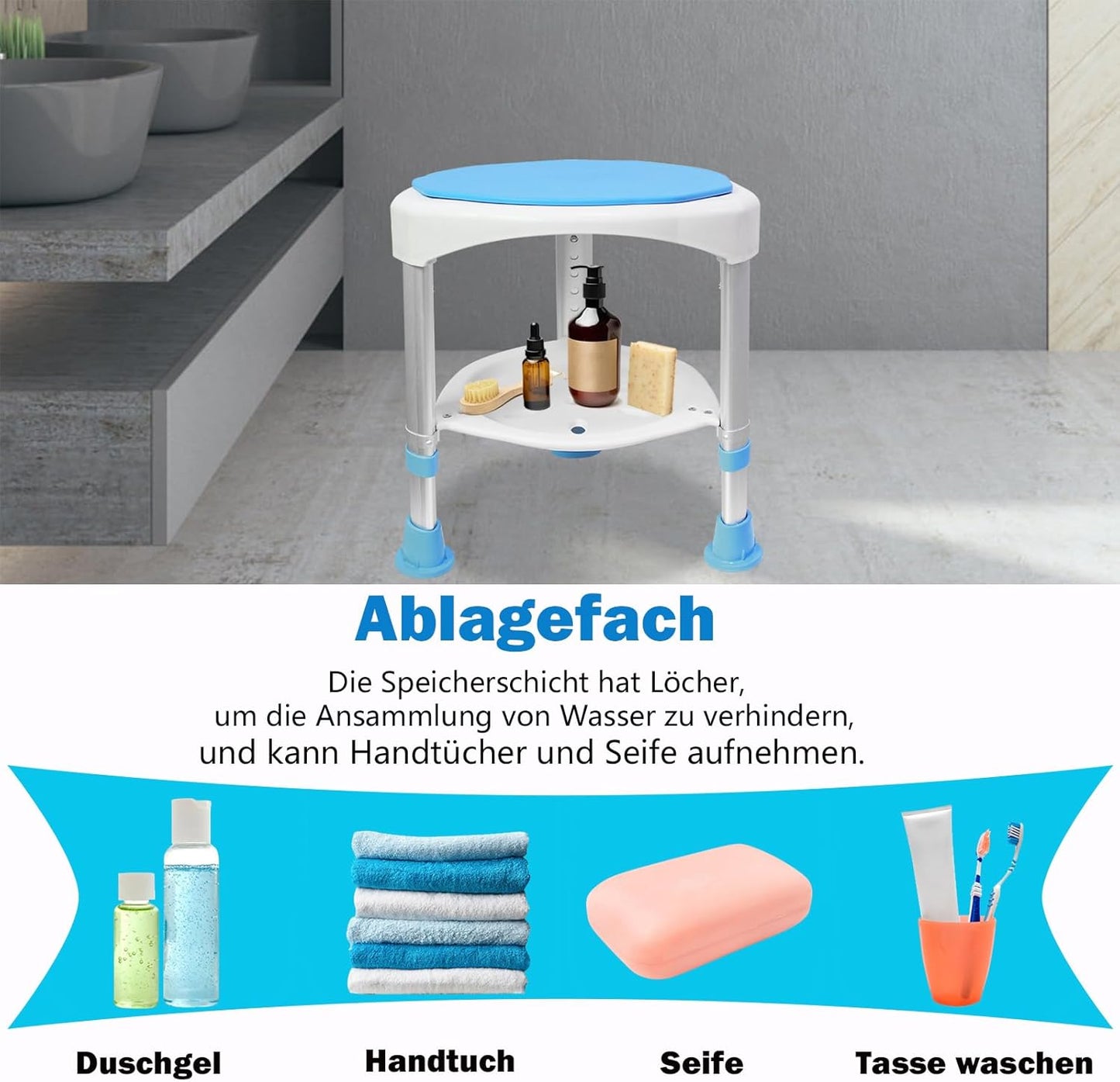 Höhenverstellbarer Duschhocker, drehbar 360°, Type C