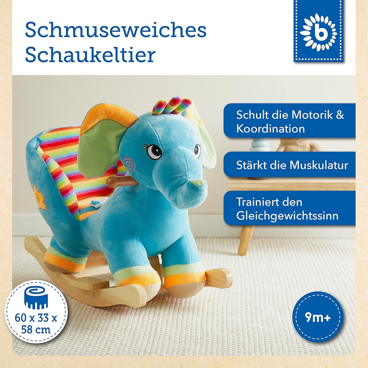 Plüsch-Schaukeltier Elefant, Mehrfarbig