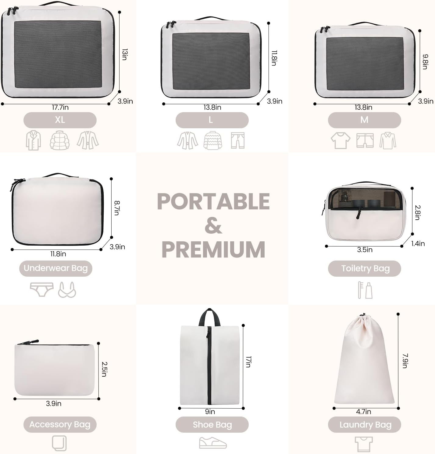 8er-Set Packing Cubes für Koffer, Cream