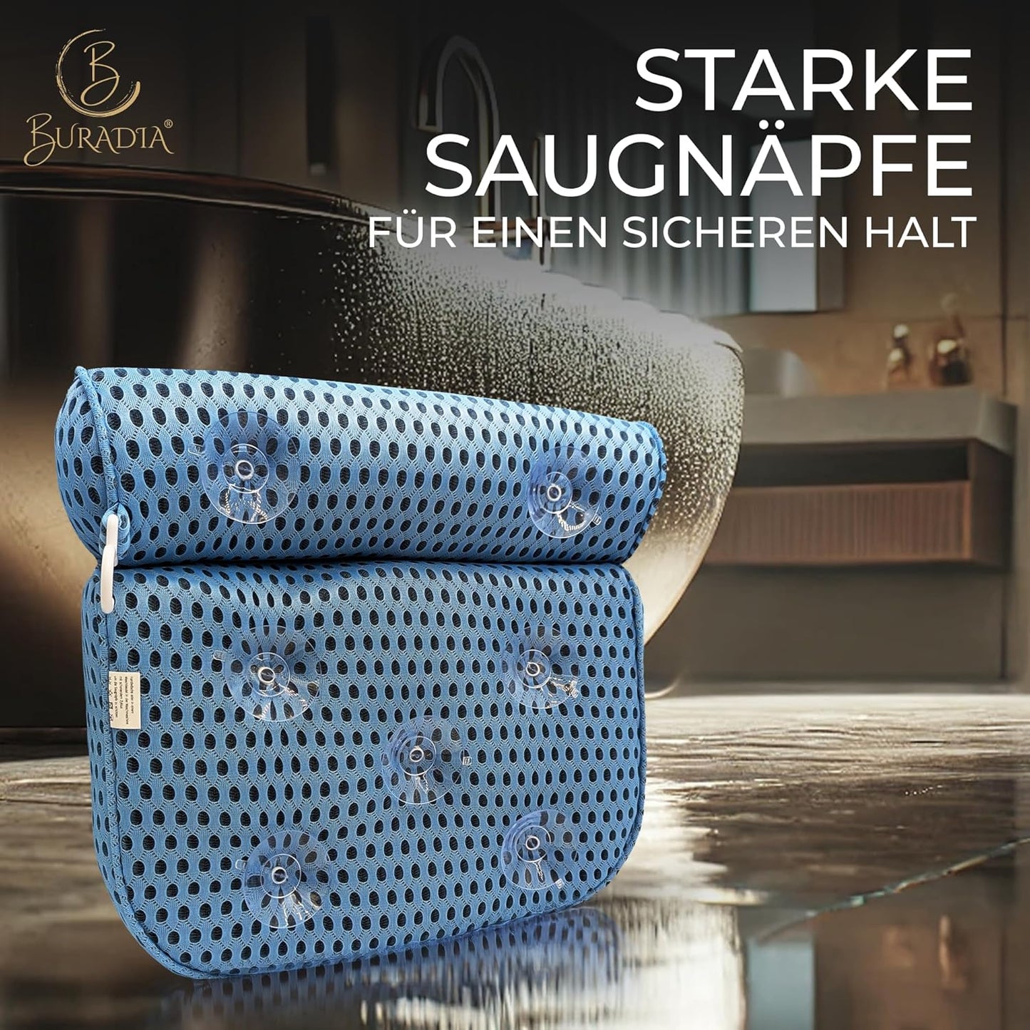 Badewannenkissen mit Saugnäpfen und Wäschenetz, Hellblau