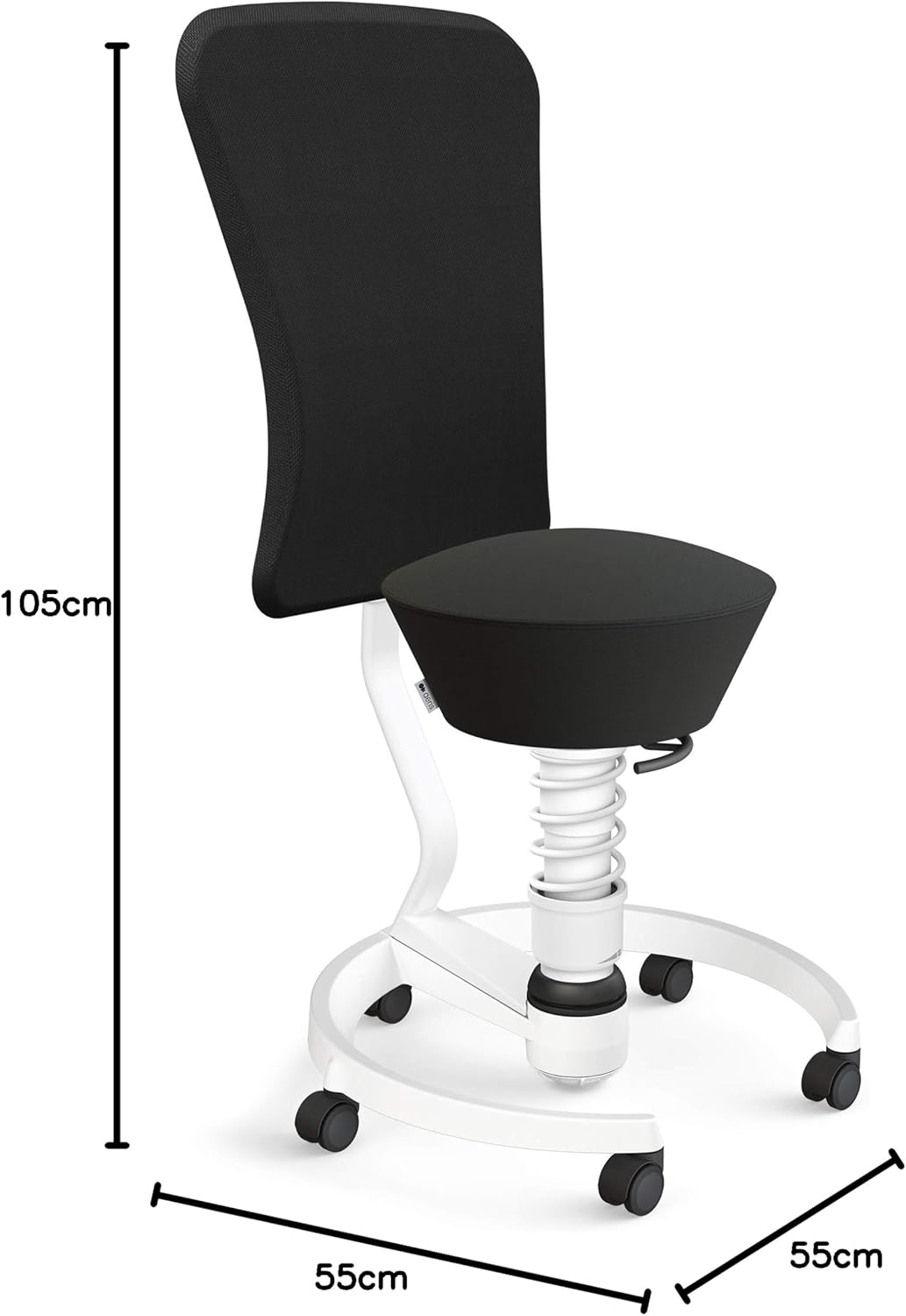 Ergonomischer Bürohocker mit Rückenlehne, Gestellfarbe - Weiss Kunstleder Uruguay Sitzfarbe - Schwarz