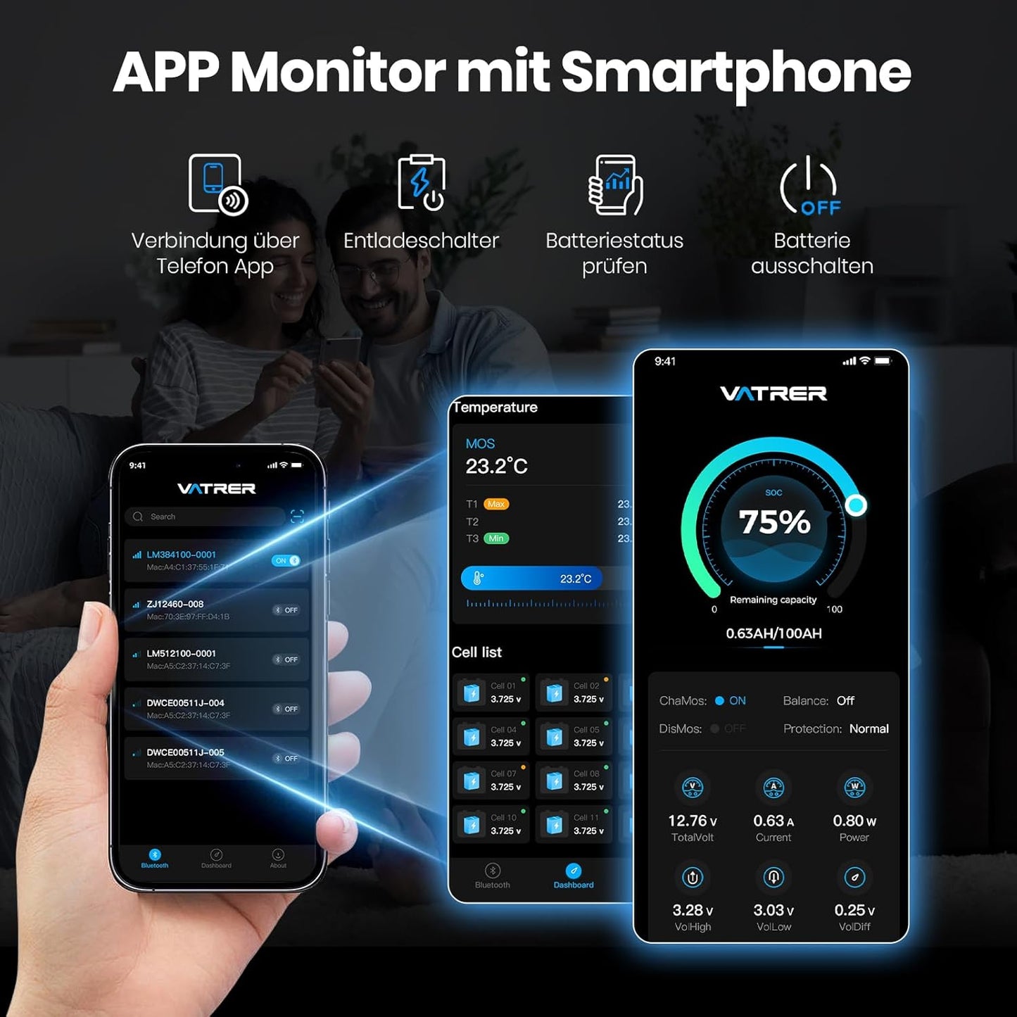 LiFePO4 12V 100Ah Lithium-Akku mit Bluetooth, 12V100Ah Selbsterwärmung