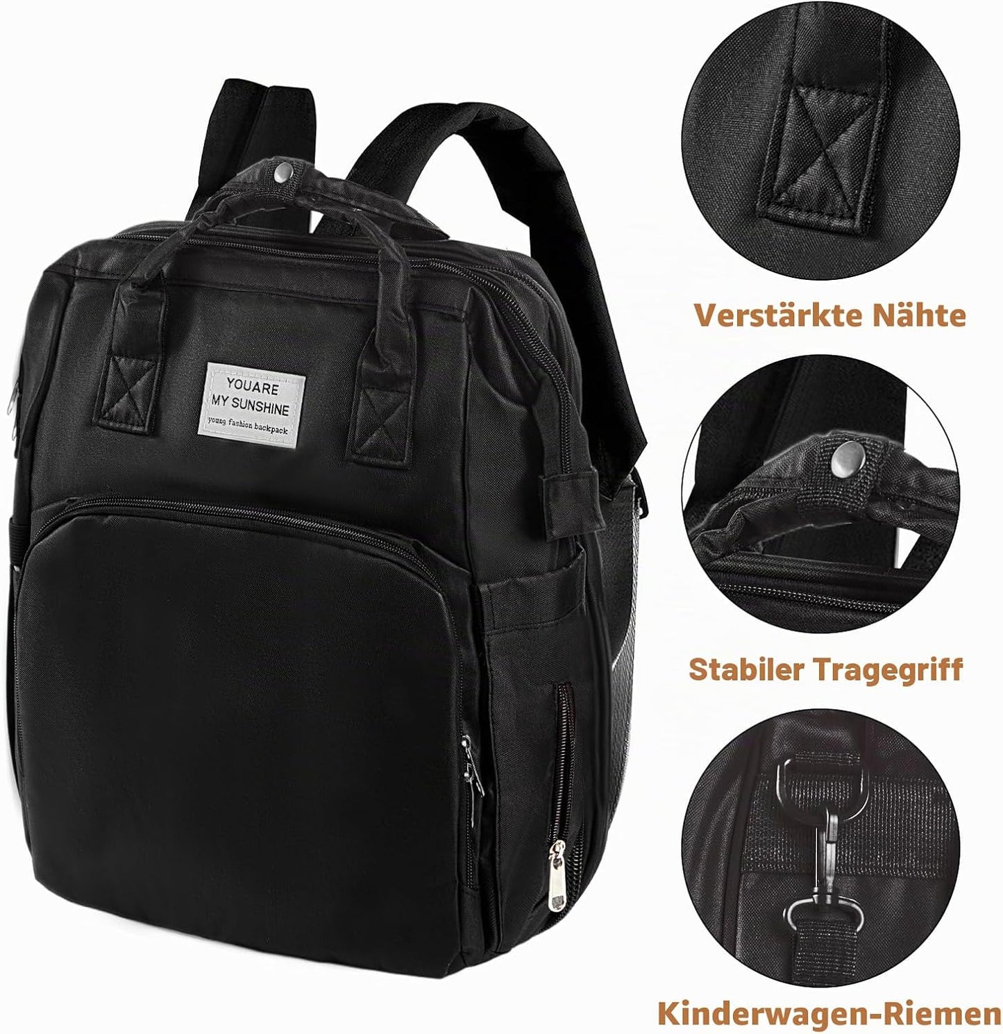 Wickelrucksack mit Isolierten Flaschentaschen, Schwarz