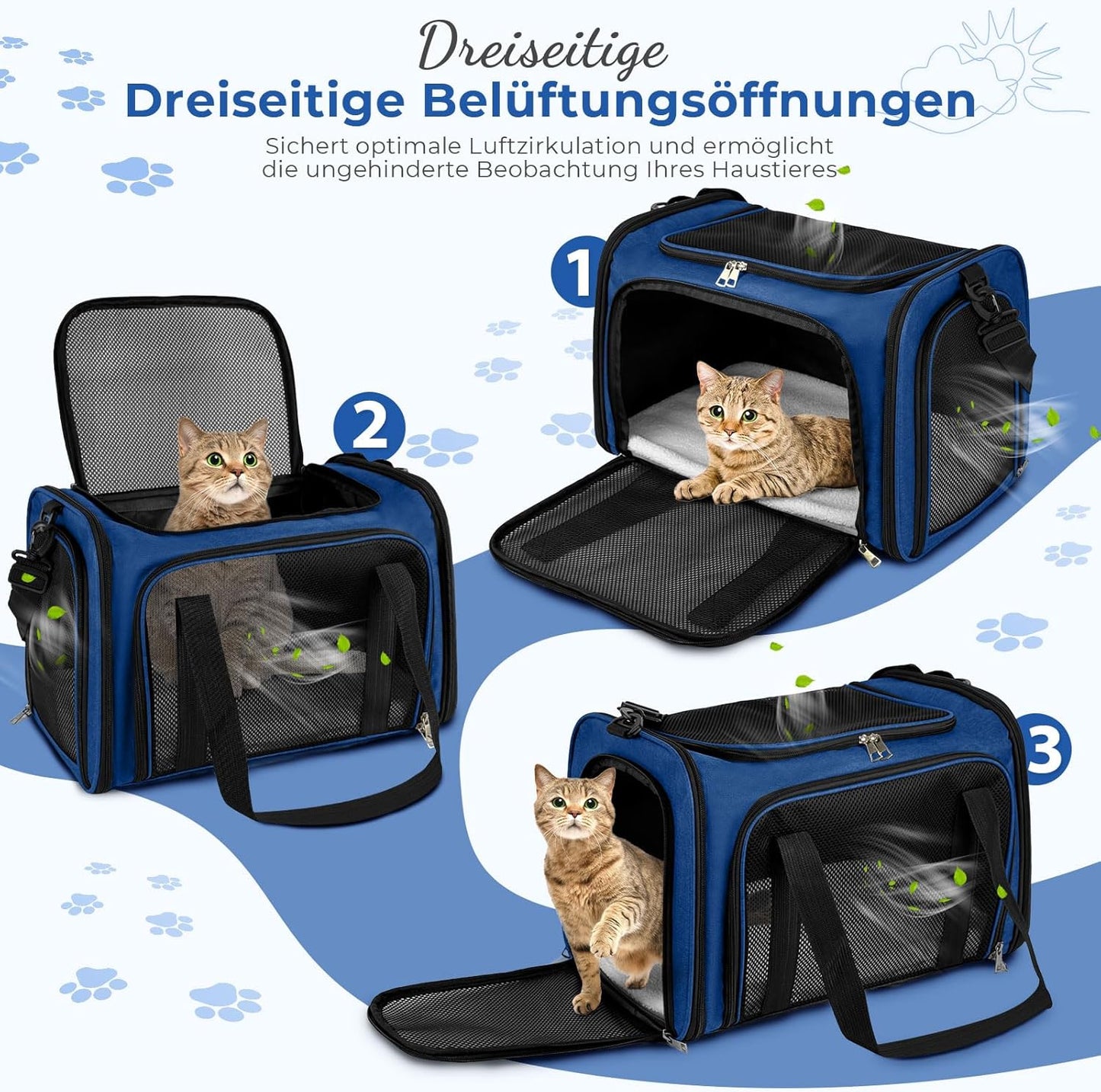 Faltbare Transporttasche für Katzen, L 43 x B 28 x H 28 cm|Dunkelblau