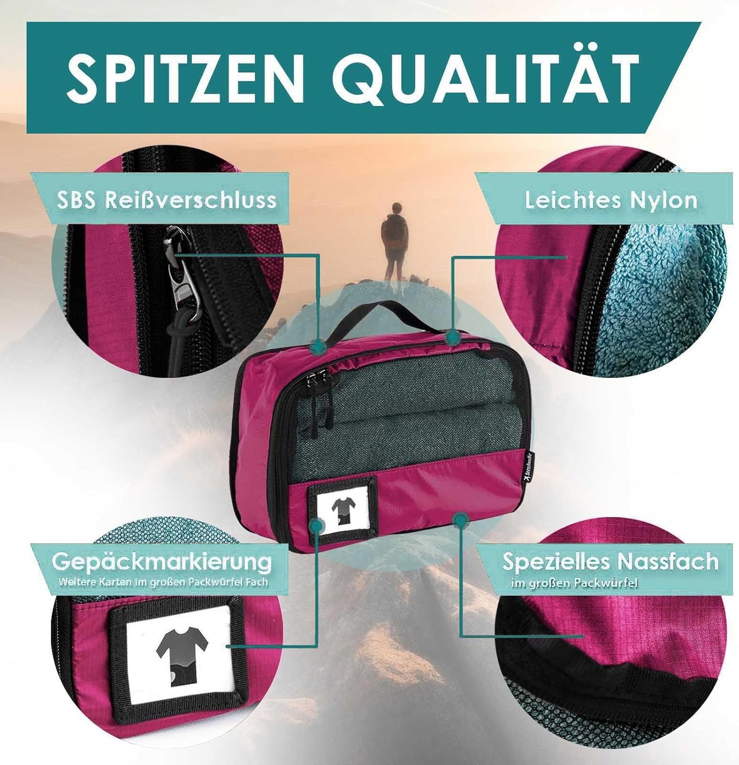 6-teiliges Packwürfel-Set mit Kompression, Himbeer 6-teiliges Set