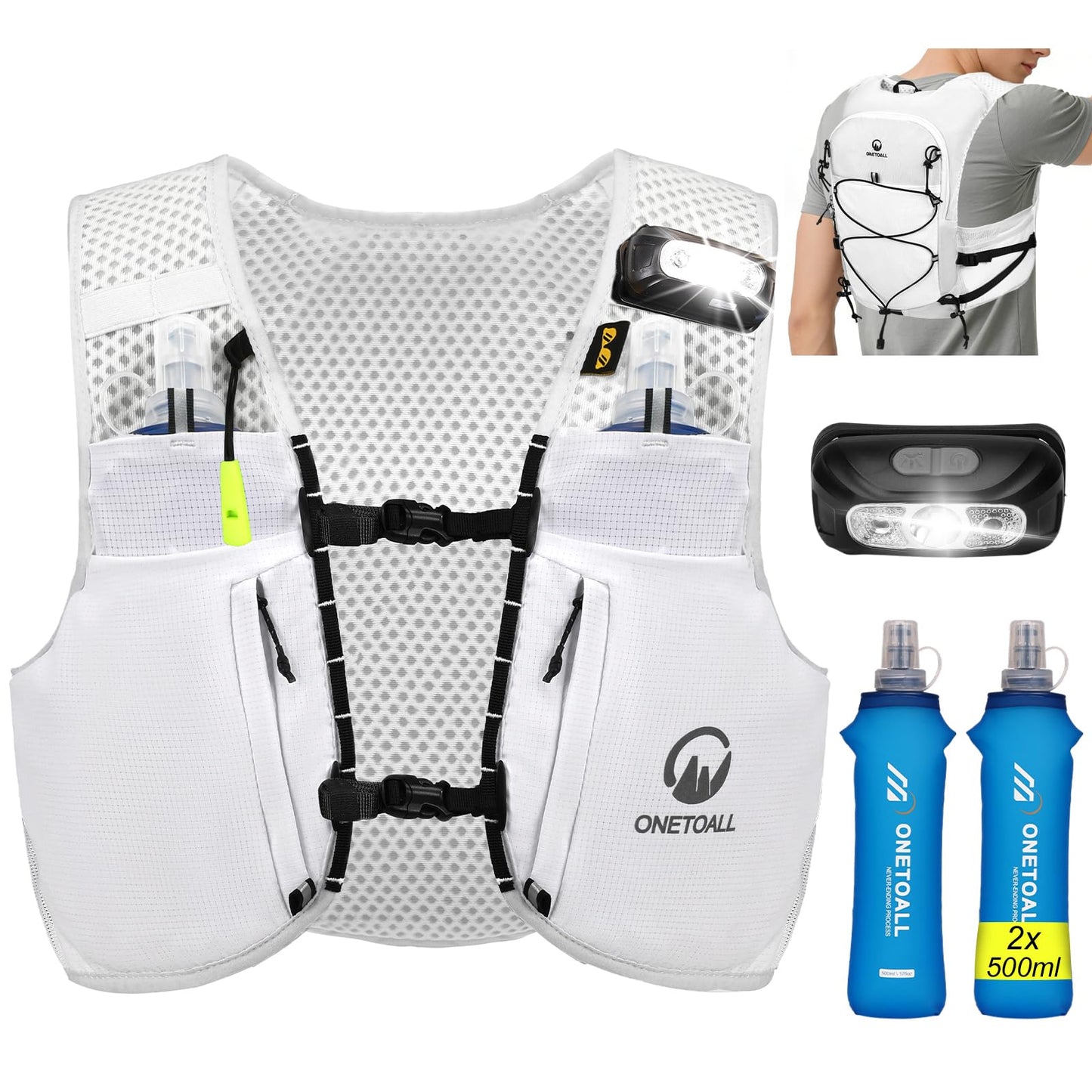Trinkrucksack mit 2 faltbaren Trinkflaschen, weiss +2 Trinkflaschen