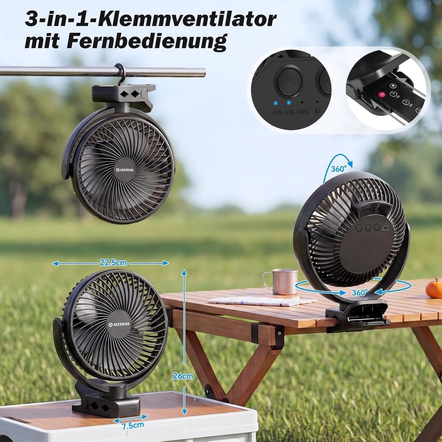 Clip-Ventilator mit Fernbedienung & LED-Lichtern, Schwarz