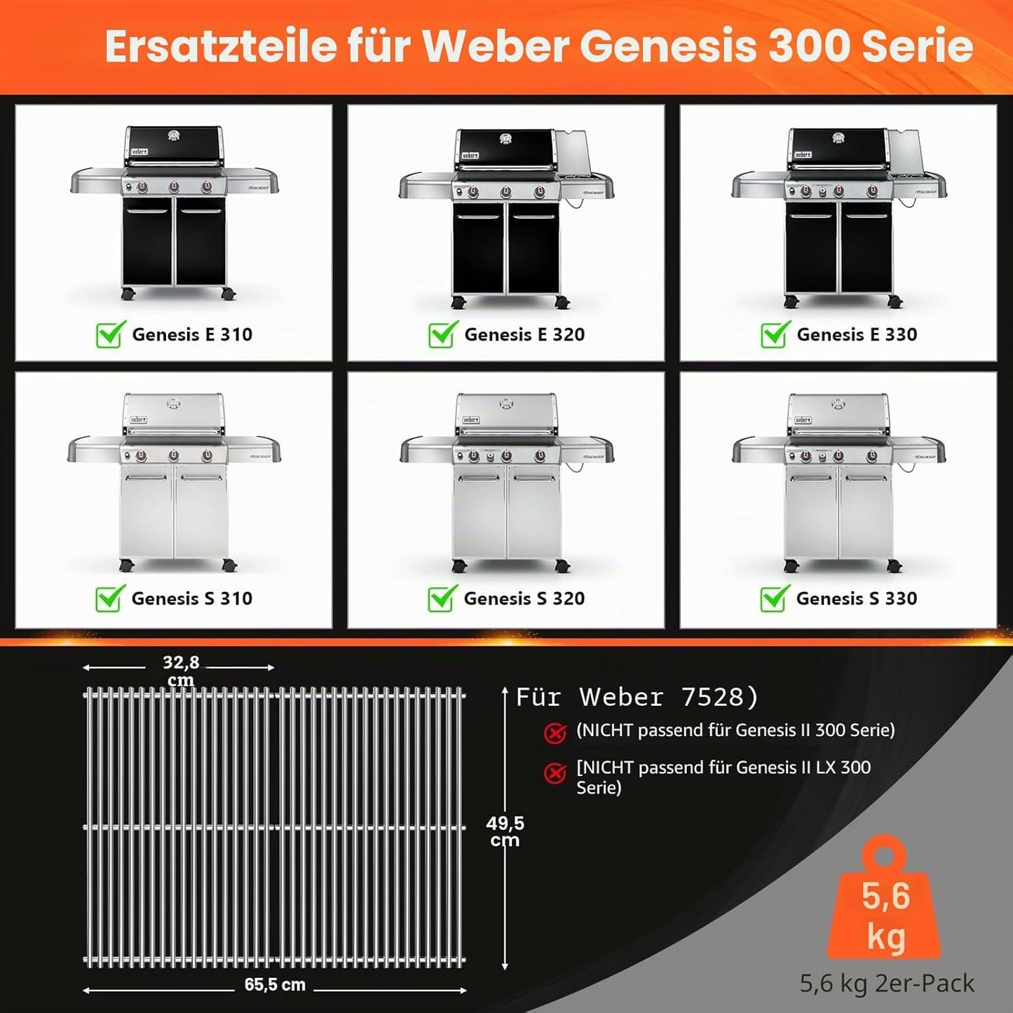 Grillrost Set für Genesis, 7mm Stainless Steel for Genesis 300