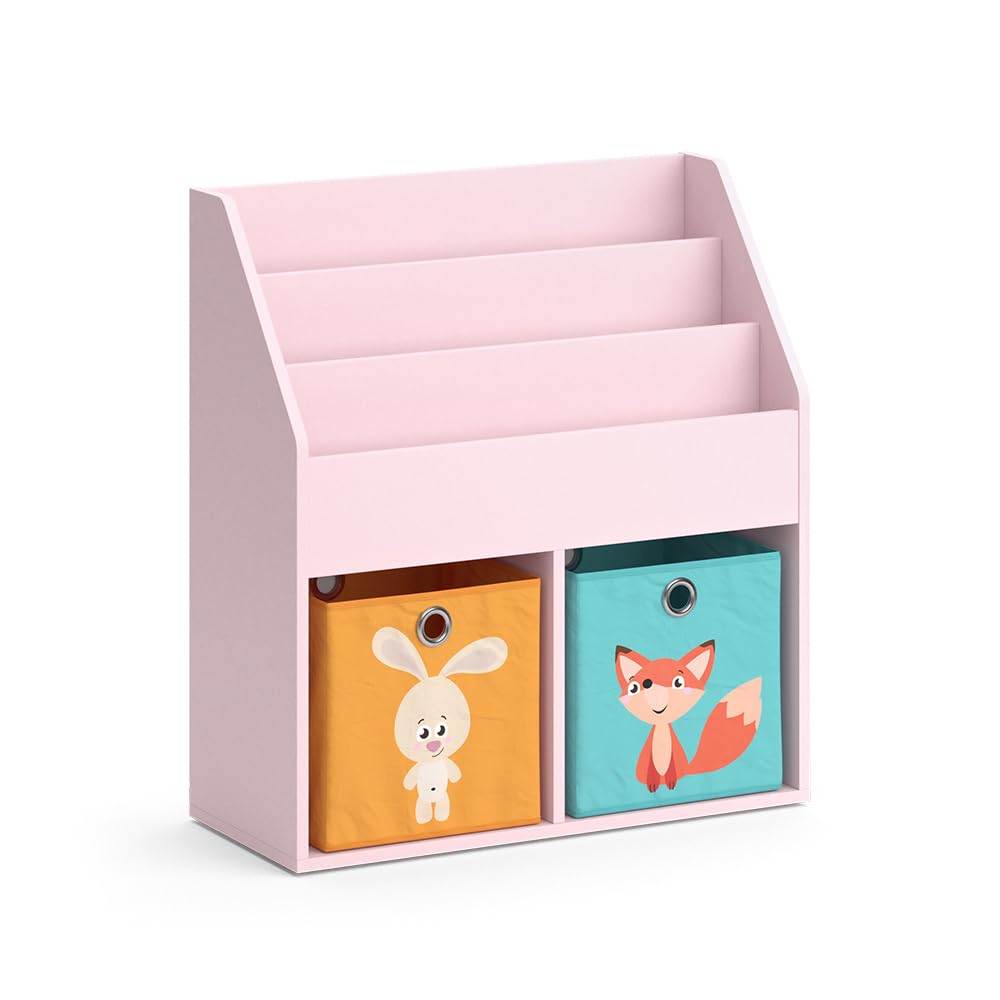 Kinderregal Luigi, Rosa 72x79 cm mit Faltboxen Fuchs/Hase