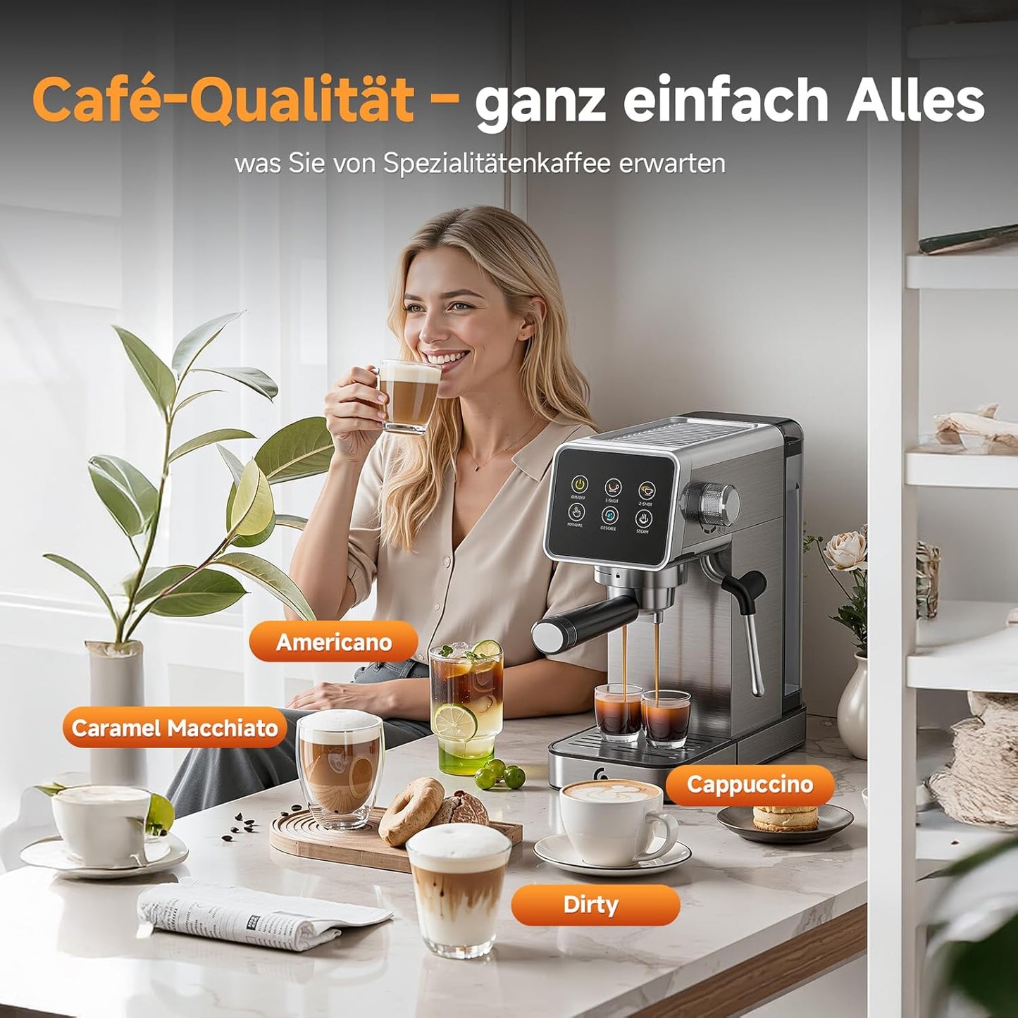 Siebträgermaschine mit LED-Touchscreen, 1.2L Black