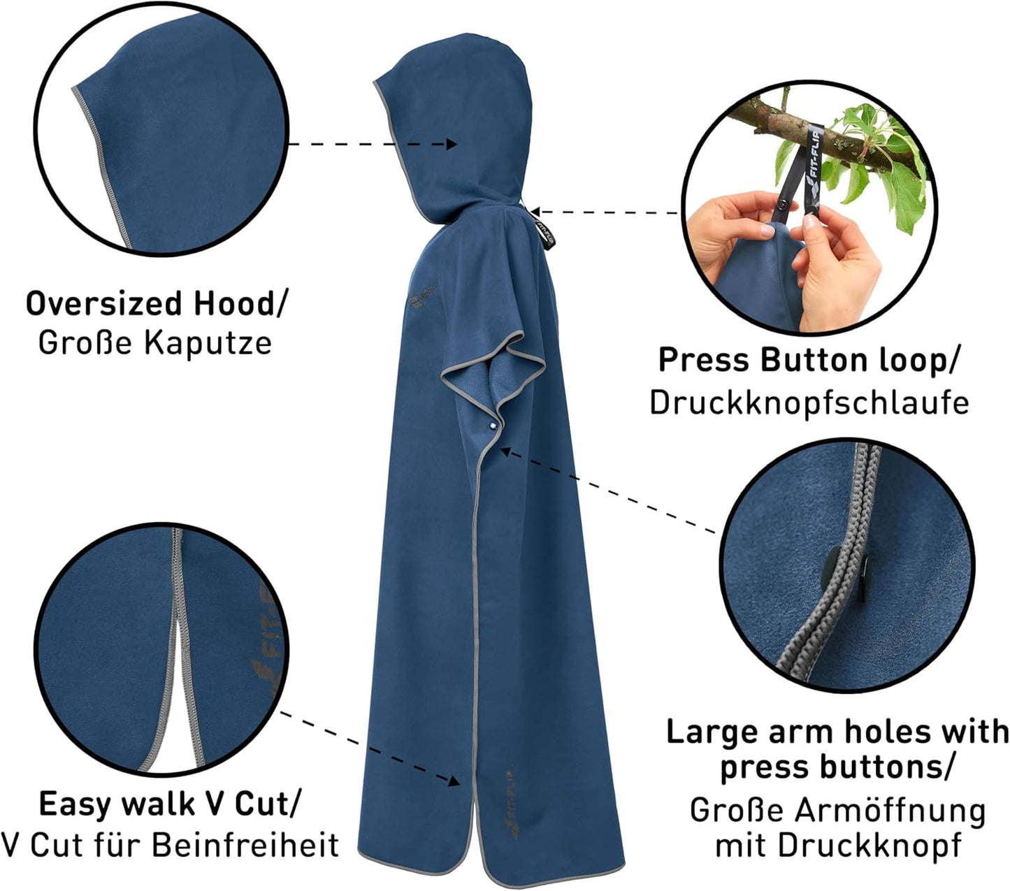 Badeponcho mit Kapuze, schnelltrocknend, 01-Medium 16 - Marineblau - Grau