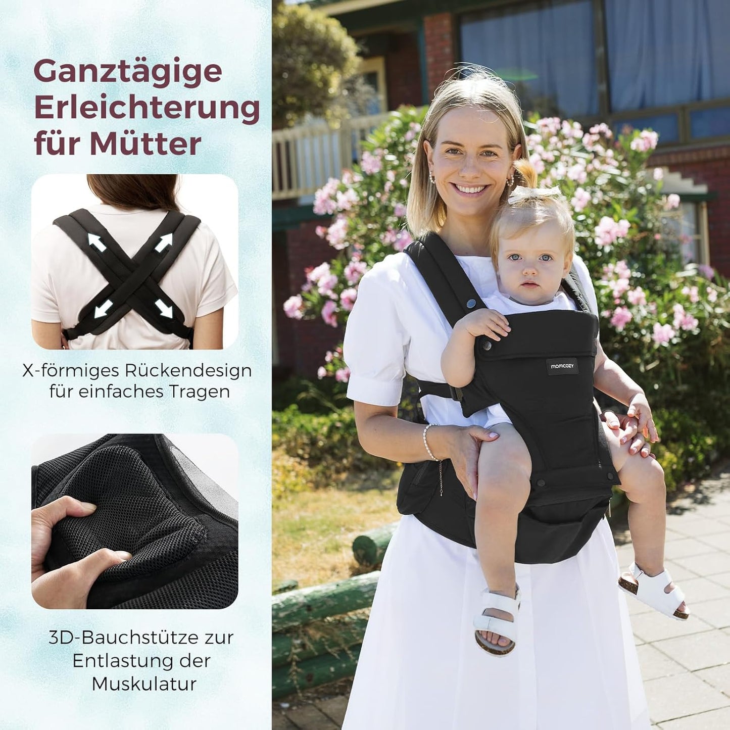 Verstellbare Babytrage mit Hüftkissen, Schwarz