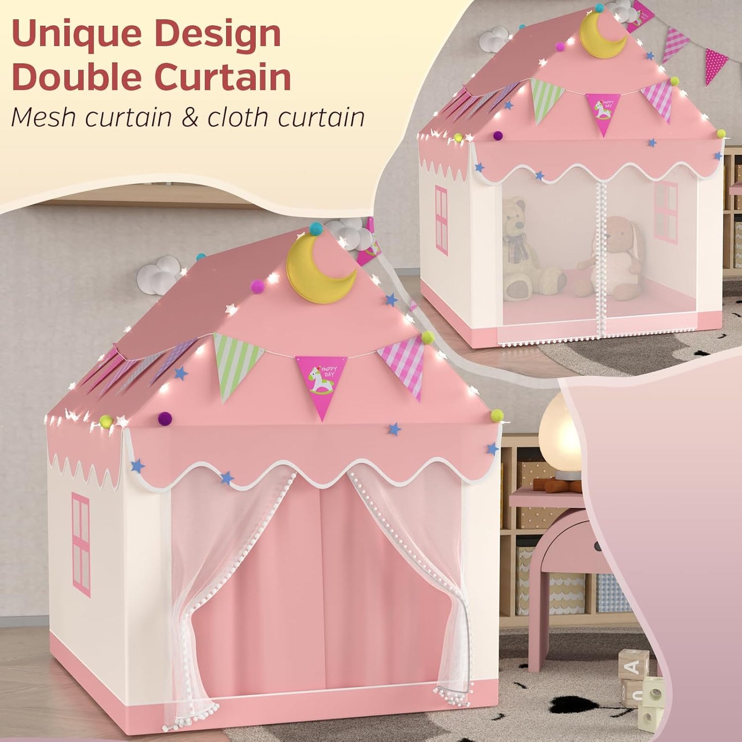 Spielzelt Kinder Indoor mit LED-Lichtern, Rosa