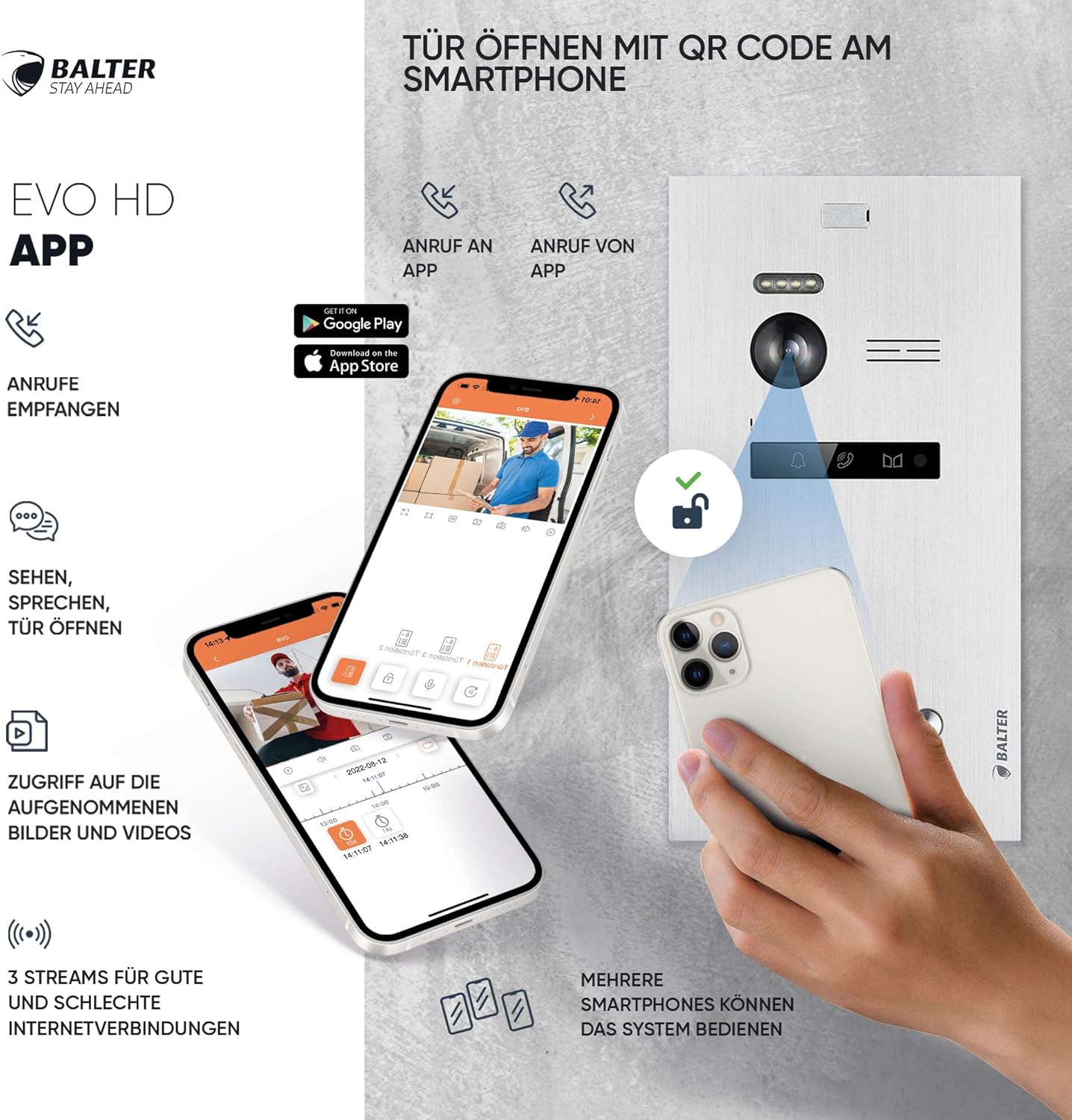 EVO-HD Video Türsprechanlage mit Fingerprint, A. Silber/Weiss ; 4 Monitore, Mit App