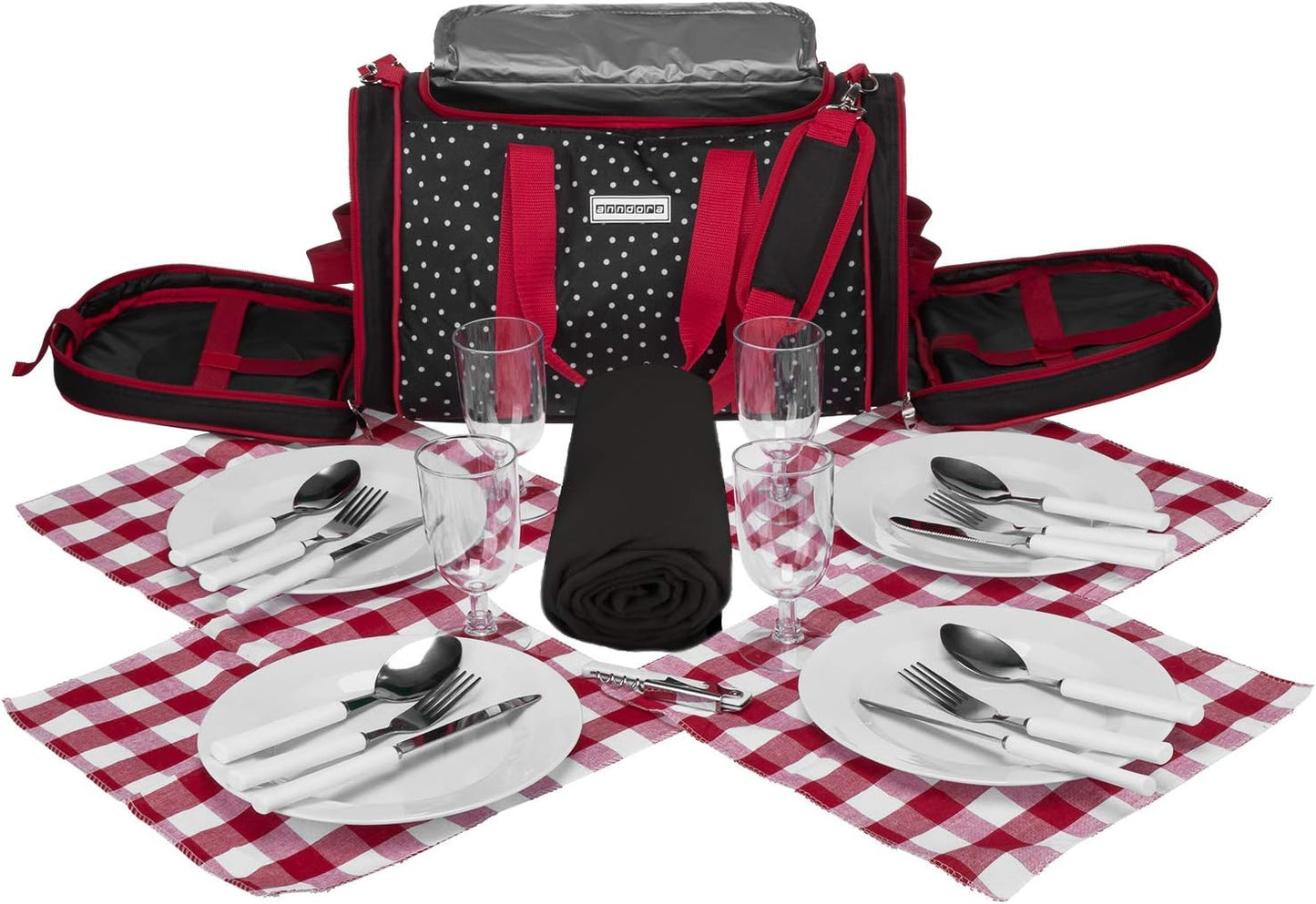 Picknick-Kühltasche mit Decke & Zubehör-Set, 3337: Schwarz Weiss Gepunktet