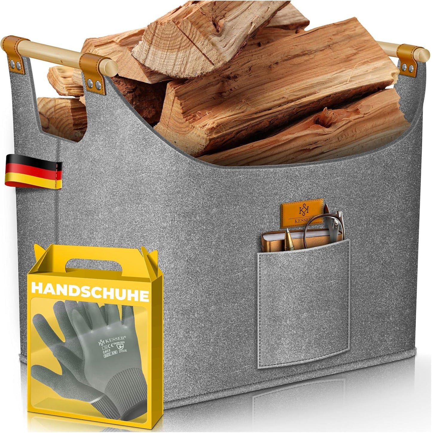Faltbarer Brennholzkorb mit Holzgriffen, 60 Liter Grau