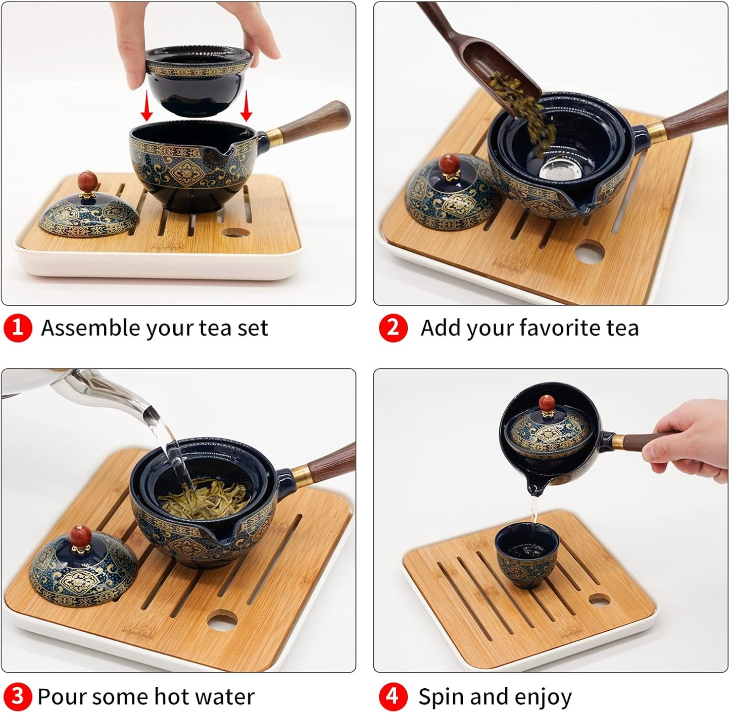 Chinesisches Gongfu-Tee-Set mit drehbarem Teebereiter, Blumenblau