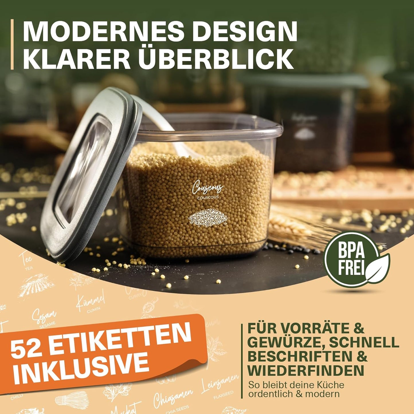 Vorratsdosen-Set (18-teilig, luftdicht, stapelbar), 12er Set + 6 Gewürzstreuer