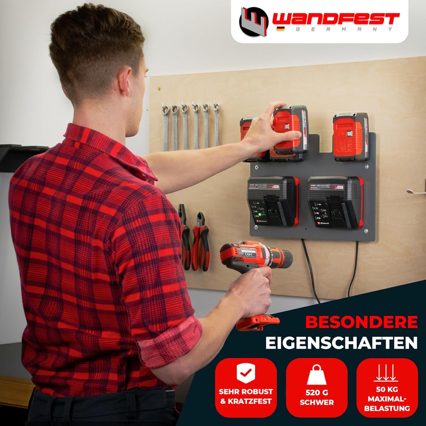 Wandhalterung für Akkus & Ladegeräte, 4 Akkus + 2 Ladegeräte
