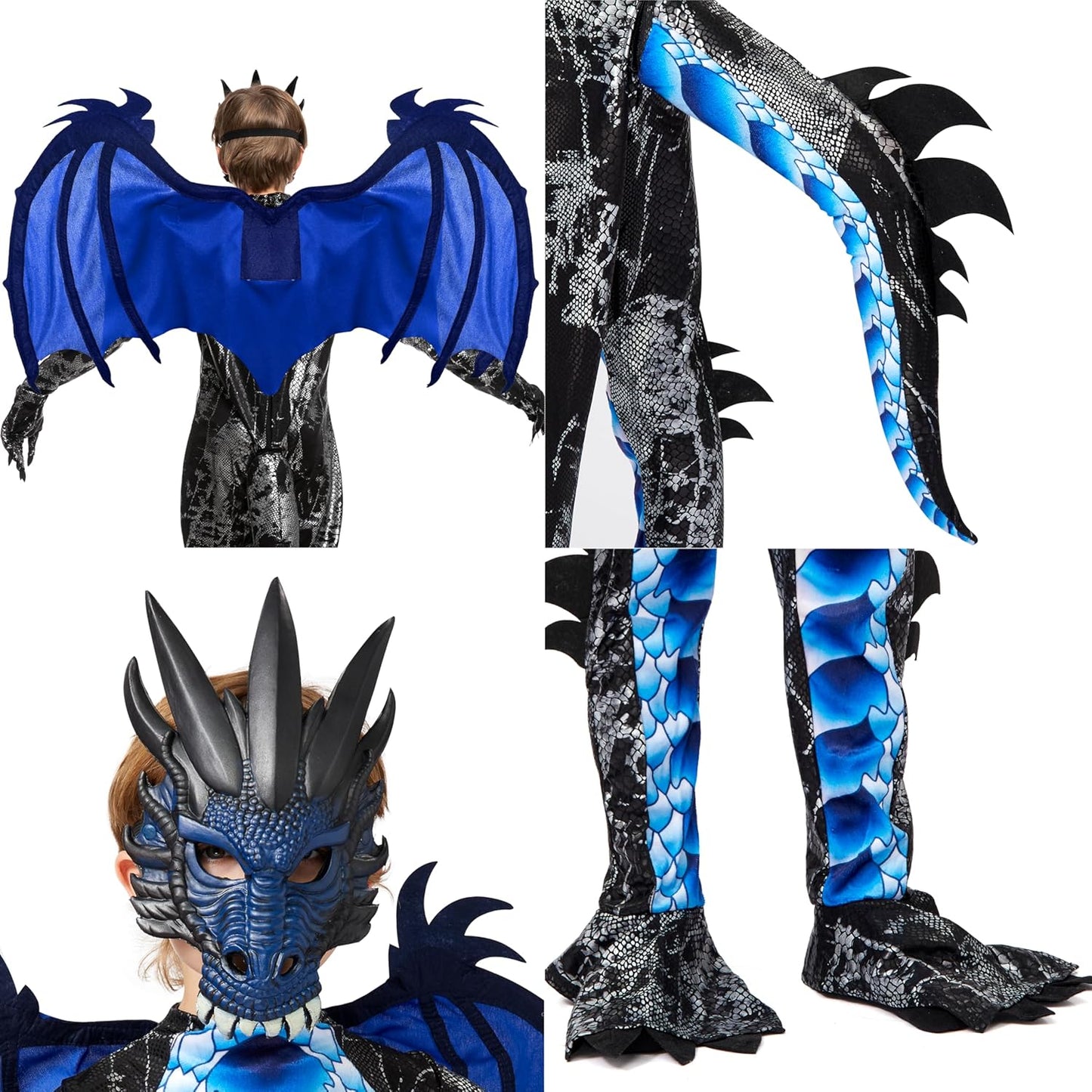 Drachenkostüm, Large (10 - 12 yrs ) Blau (Farbe)