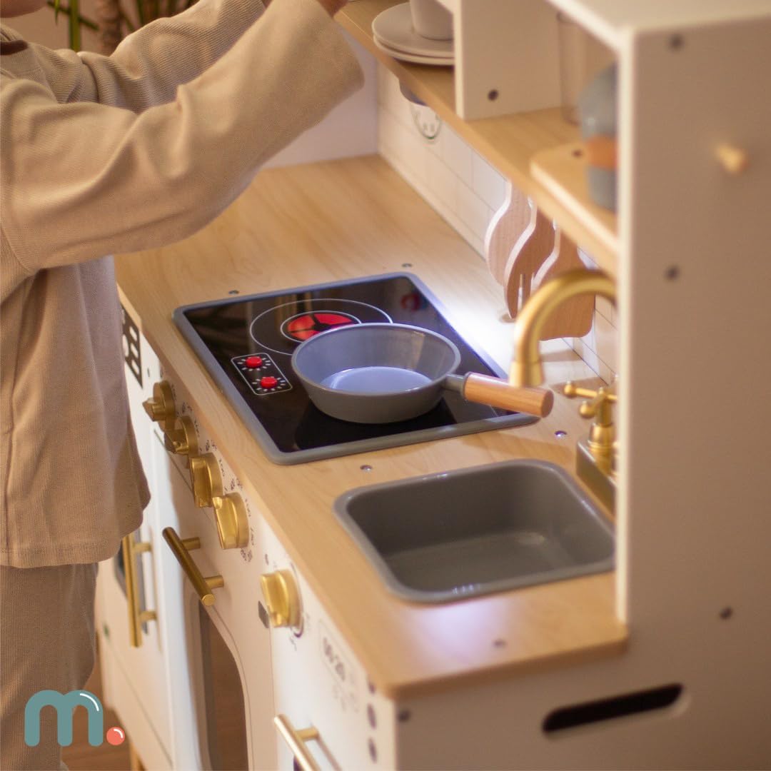 Höhenverstellbare Kinderküche mit LED, Eiswürfelbereiter, Mikrowelle, Kochfeld und Spülmaschine, Holz-kinderküche mit Led-beleuchtung