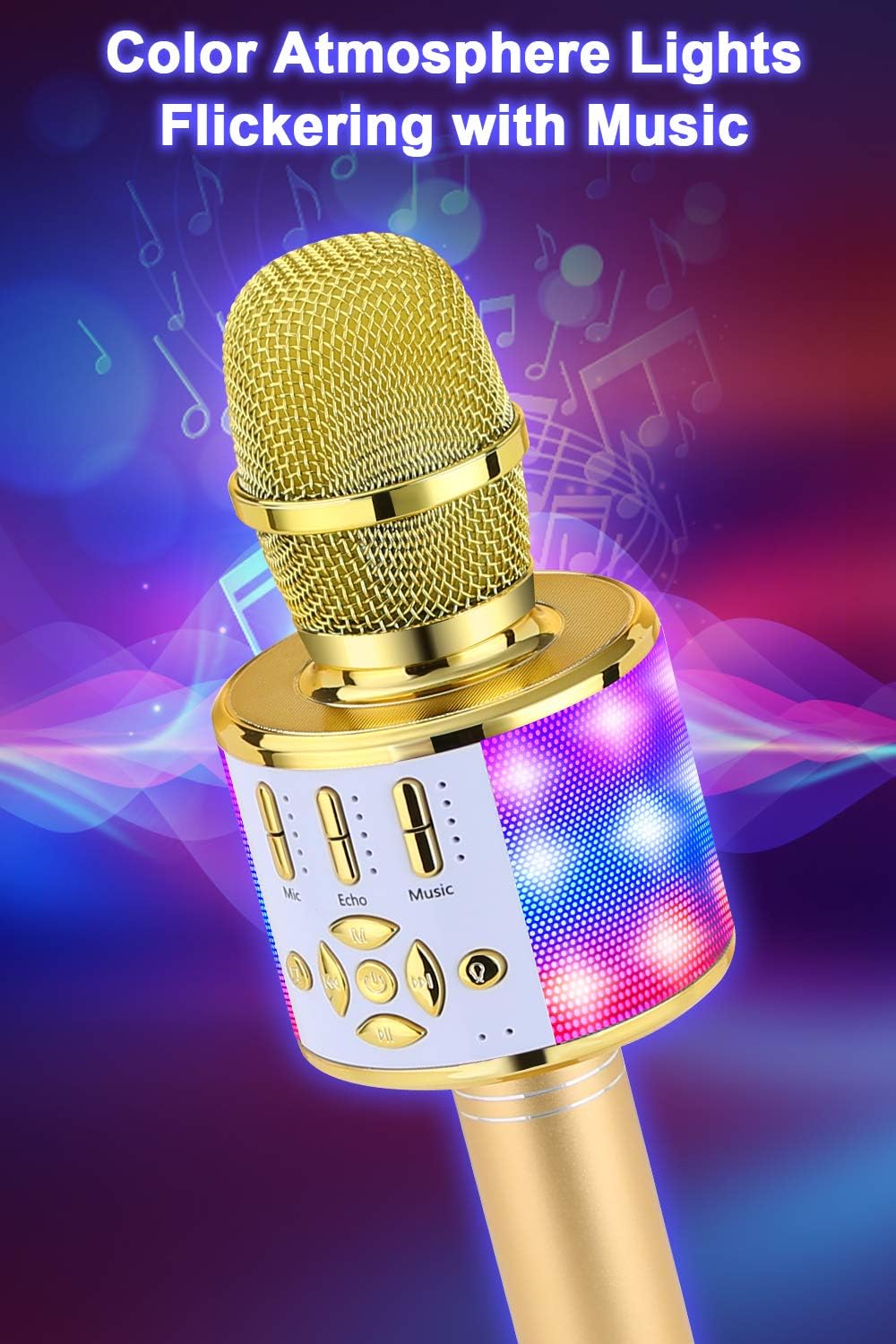 Kabelloses Bluetooth-Kindermikrofon mit LED-Lichtern, Gold