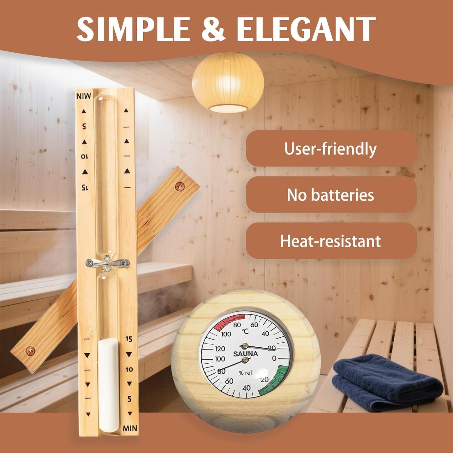 Sauna-Thermometer mit Sanduhr, Natürliche Holzfarbe