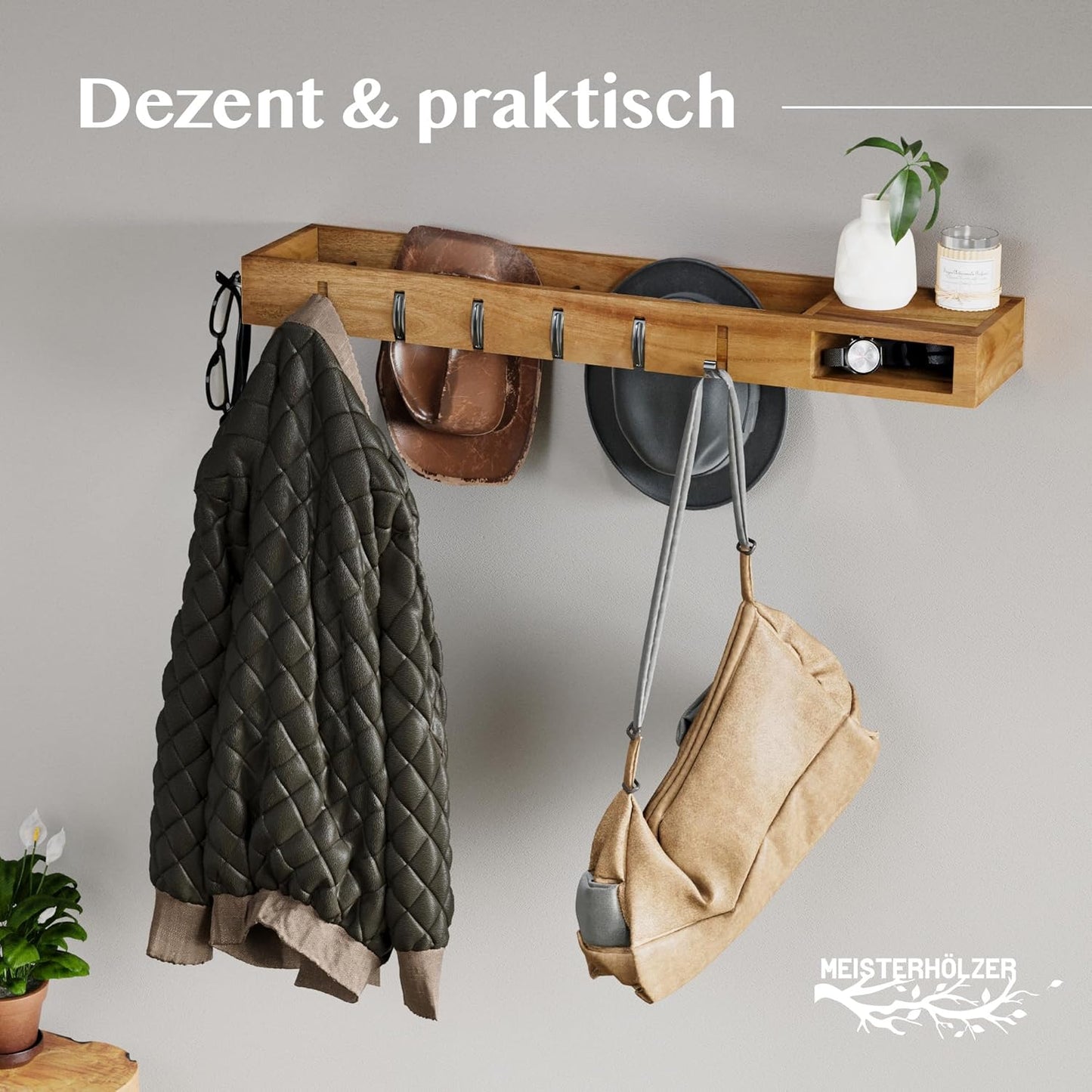 4in1 Wandgarderobe mit Ablage und Kleiderstangen, Dunkelbraun (Akazie)