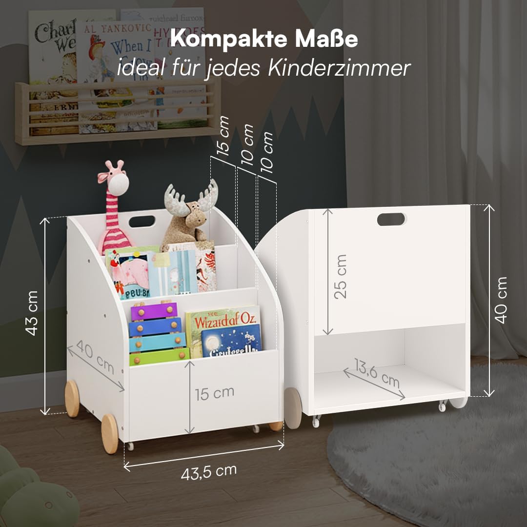Towy Kinder Bücherregal mit Rollen und Geheimfach, Weiß