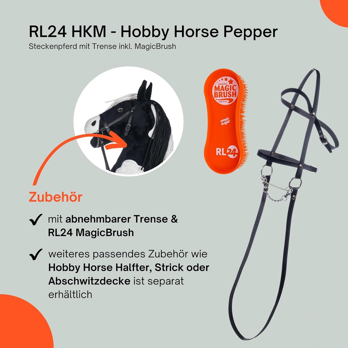 Steckenpferd Pepper mit Trense und langer Mähne, Pepper Schwarz/Weiss