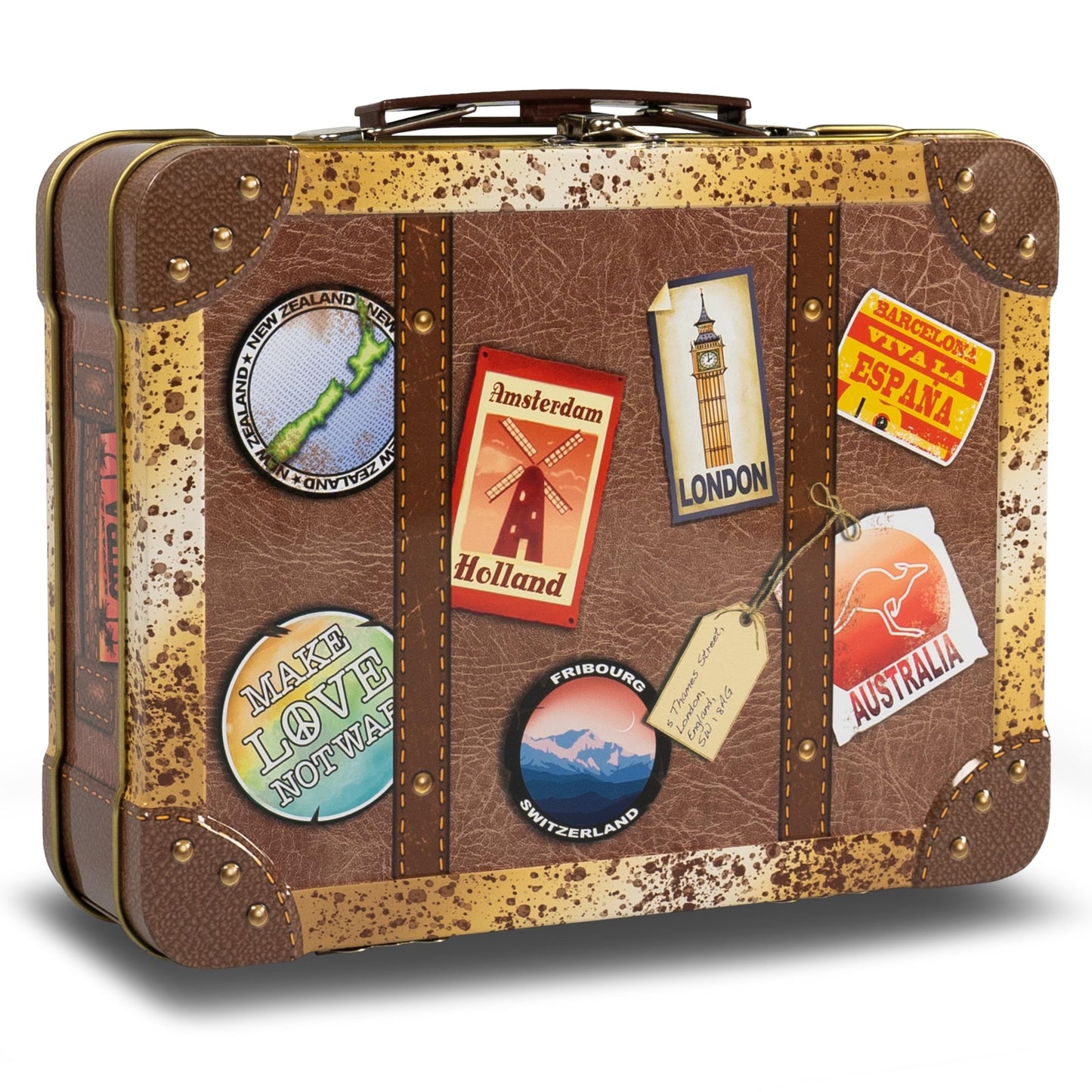 Keksdose mit bunten Stickern, Retro Koffer