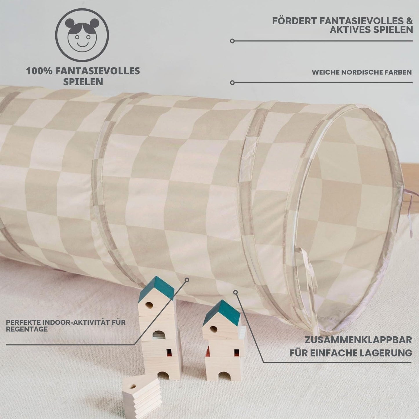 Krabbeltunnel 180 cm, Schachbrett-beige