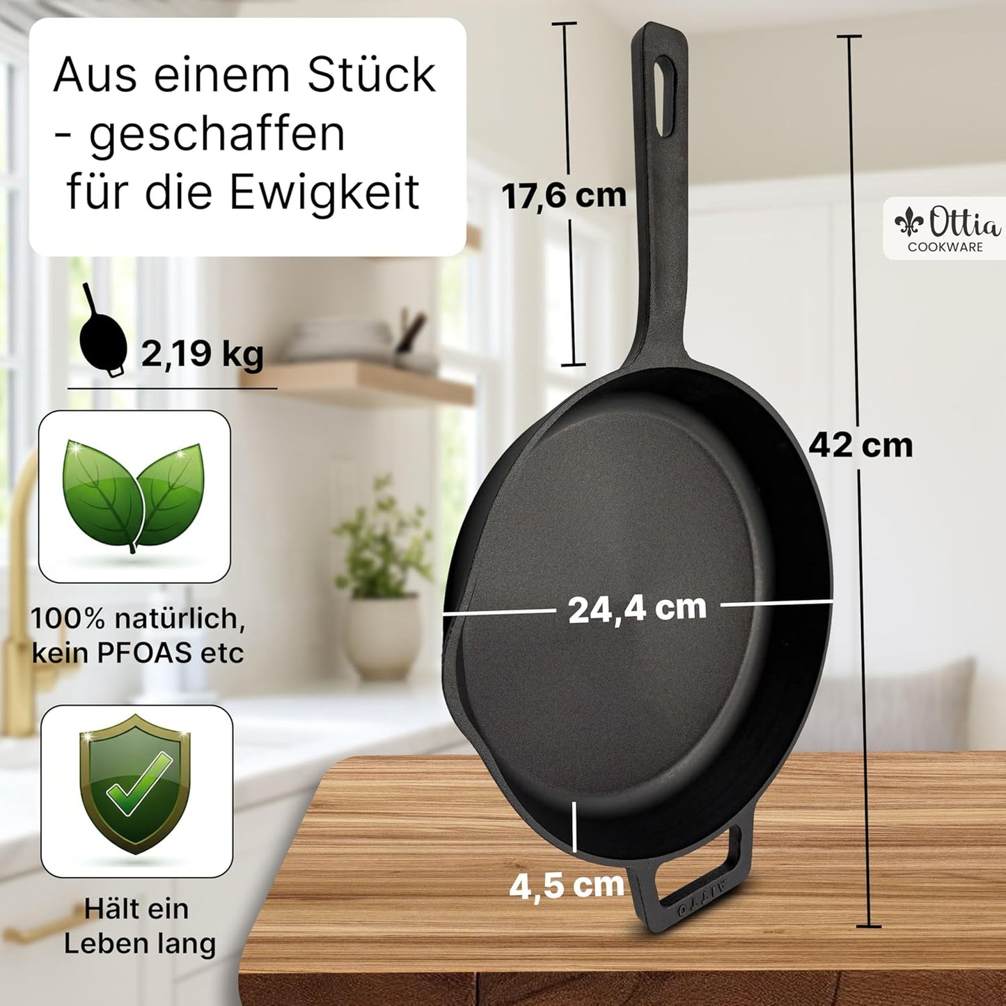 Gusseisenpfanne Induktion 24cm mit Zubehör-Set, 24cm ungeschliffen mit Zubehör